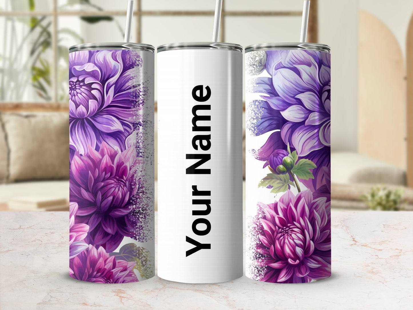 Personalized Purple Floral Tumbler with Custom Name Design