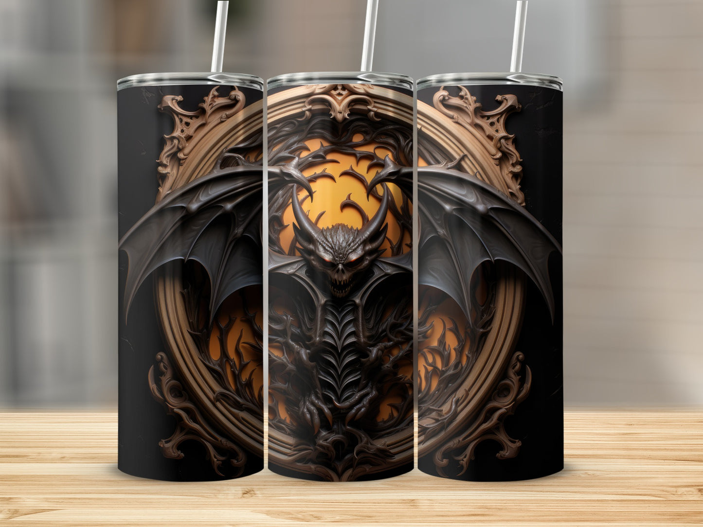 Tumbler with a dark, ornate dragon design and a golden background.