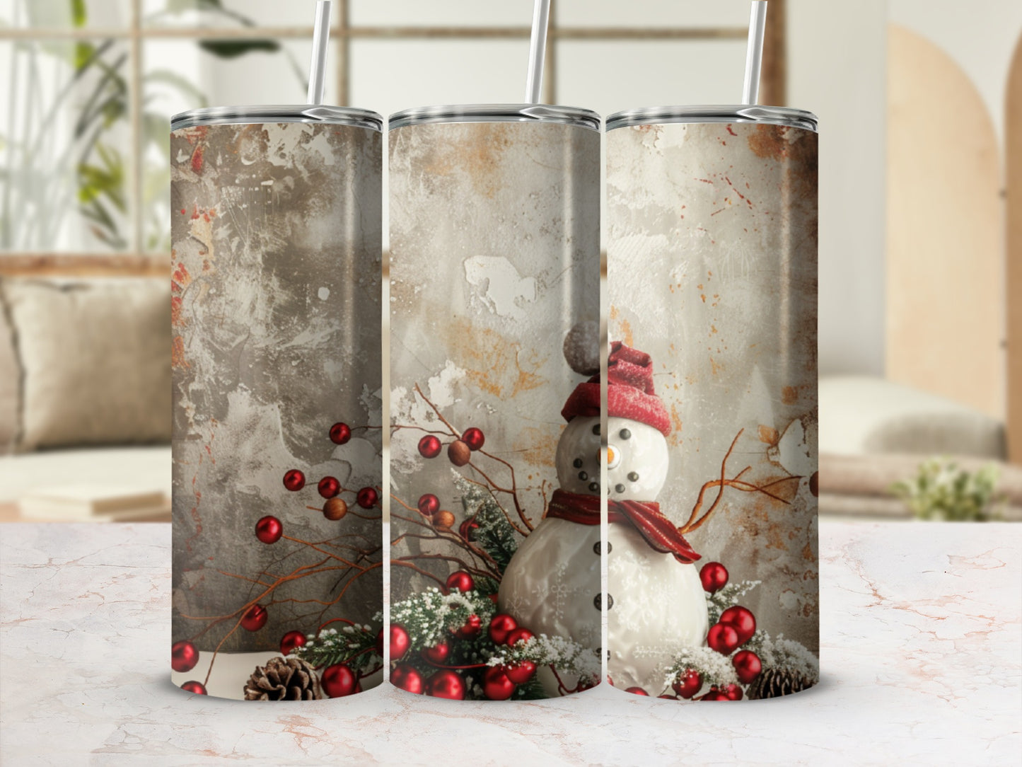 Snowman tumbler with red berries and pinecones on textured background.