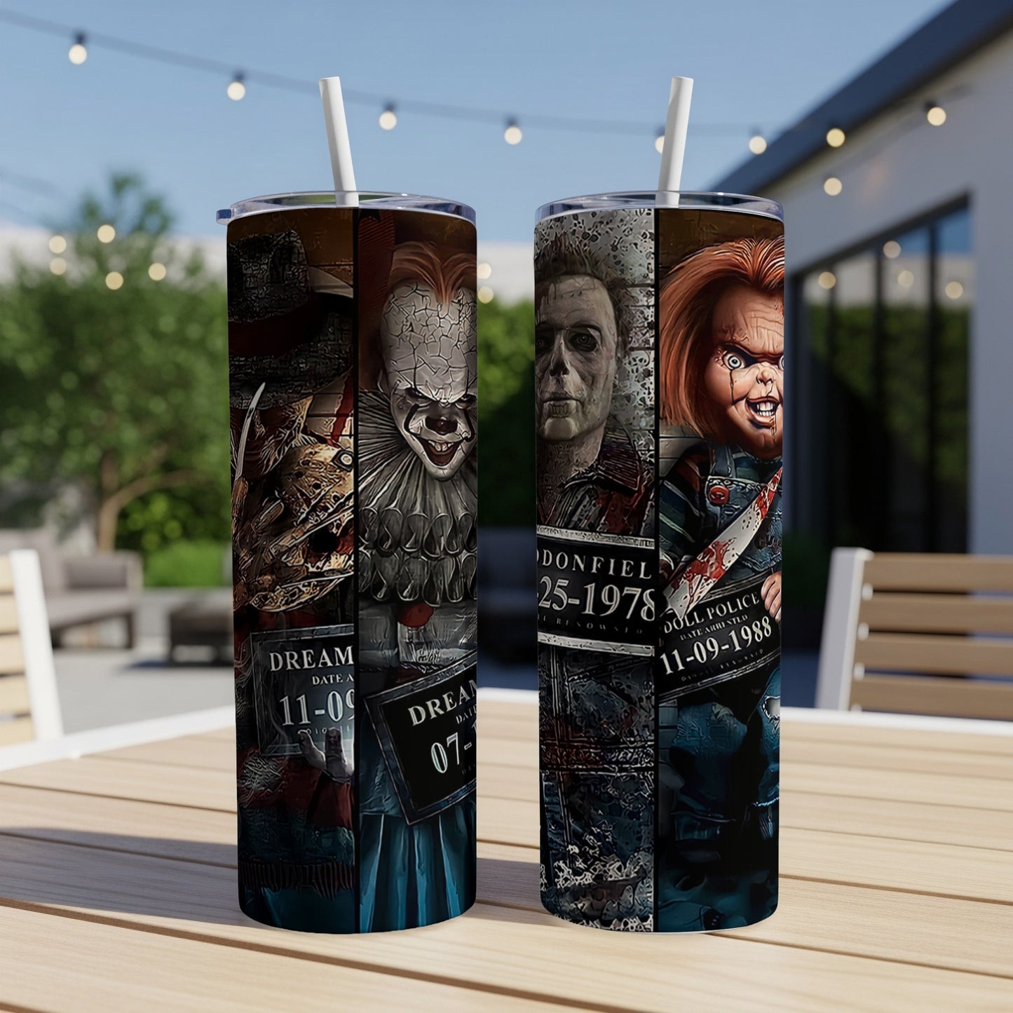 Two tumblers with horror movie characters: Freddy, Pennywise, Michael Myers, and Chucky.