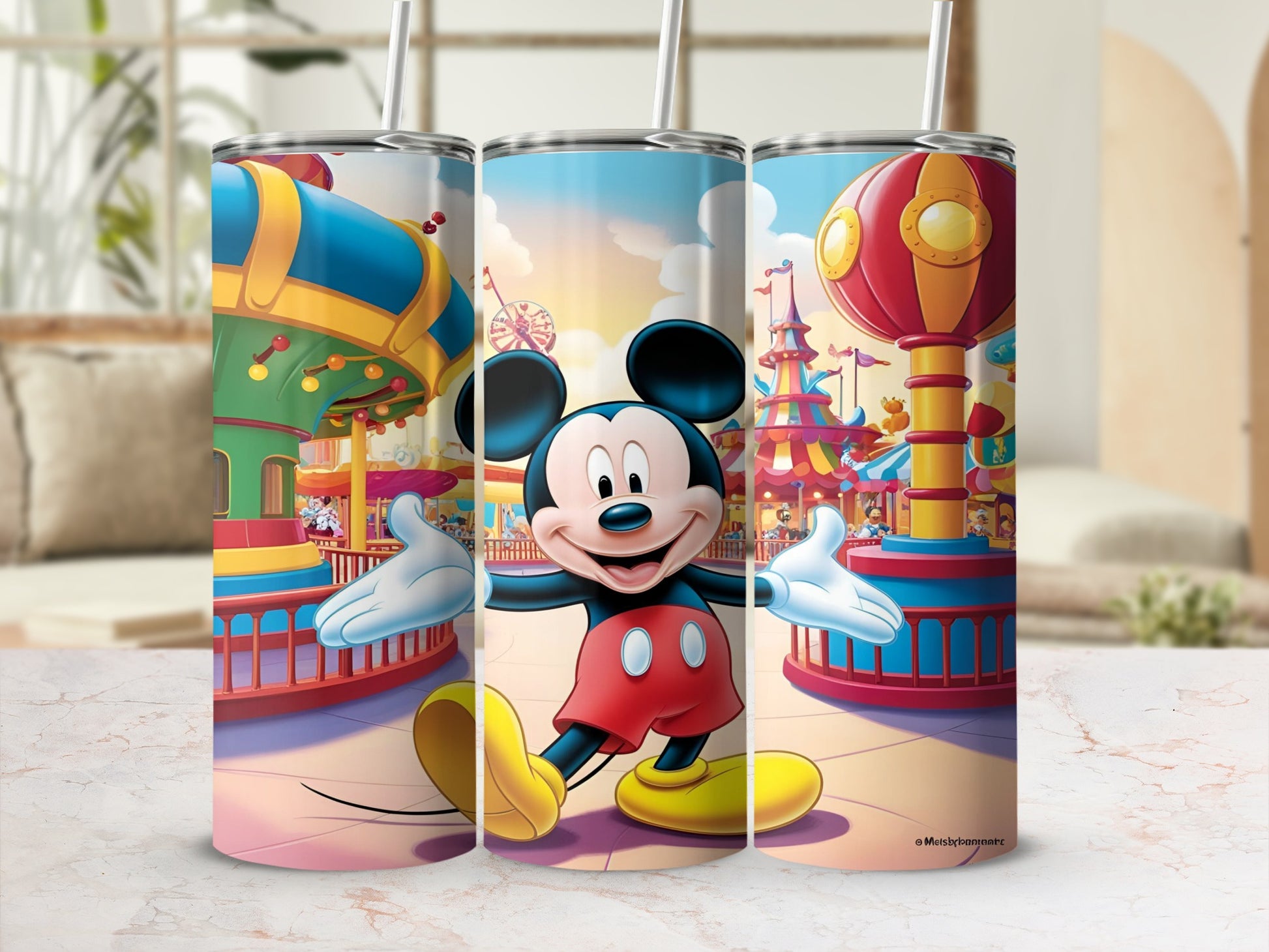Mickey Mouse at a carnival, with rides and colorful stalls in the background.