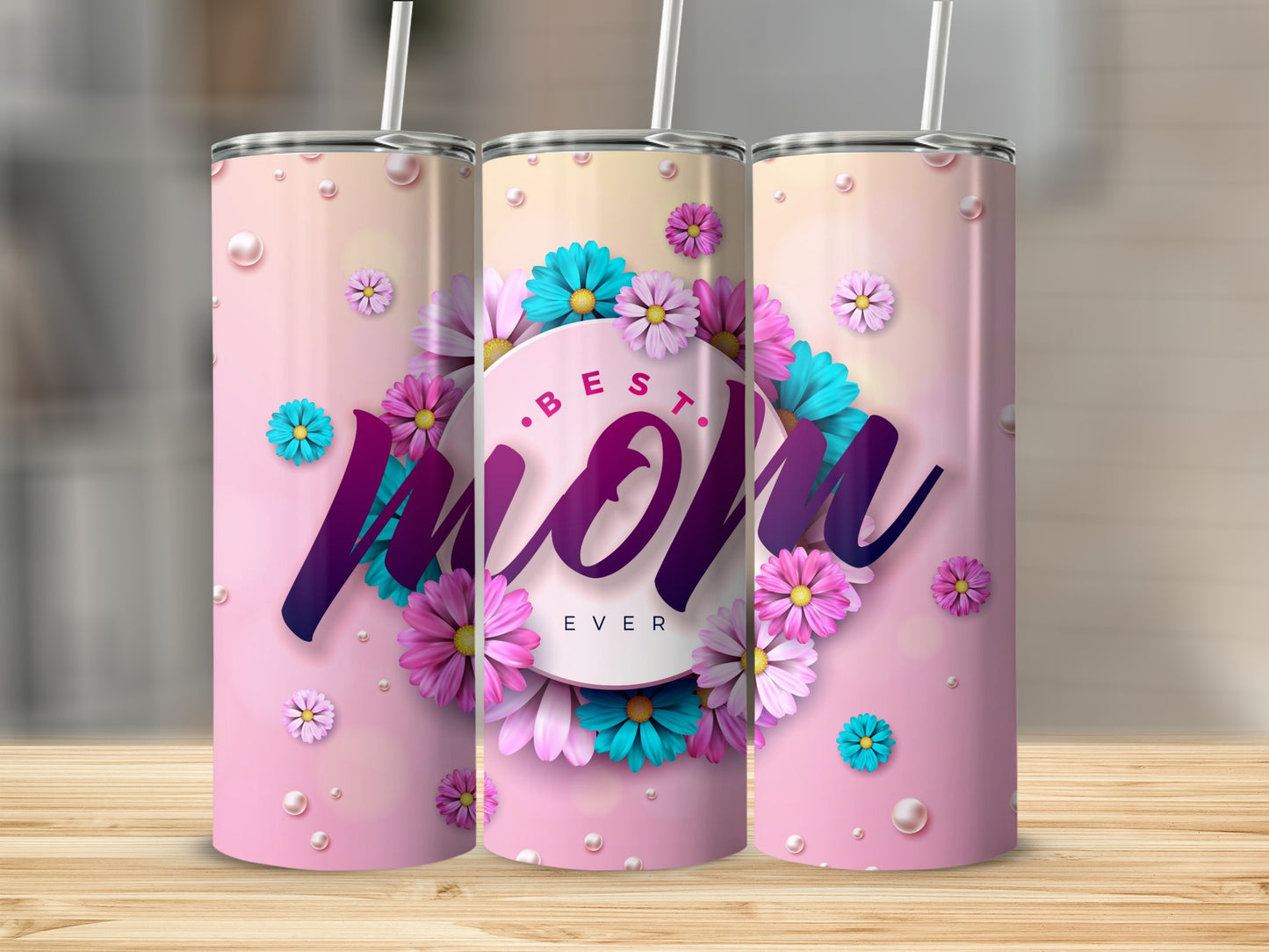 Best Mom Ever Pink Flower Pattern Tumbler