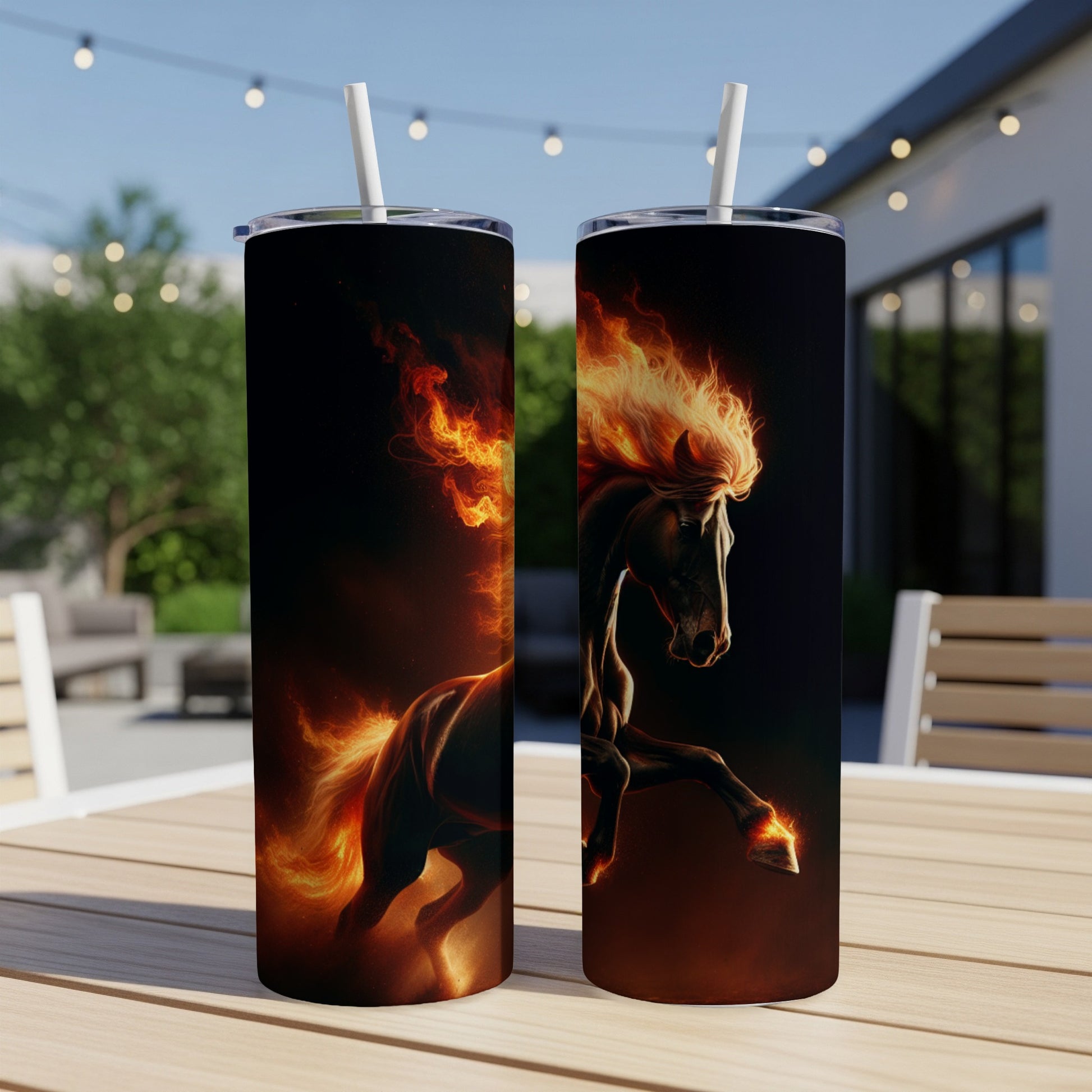 Flaming horse on black background, two tumblers side-by-side.