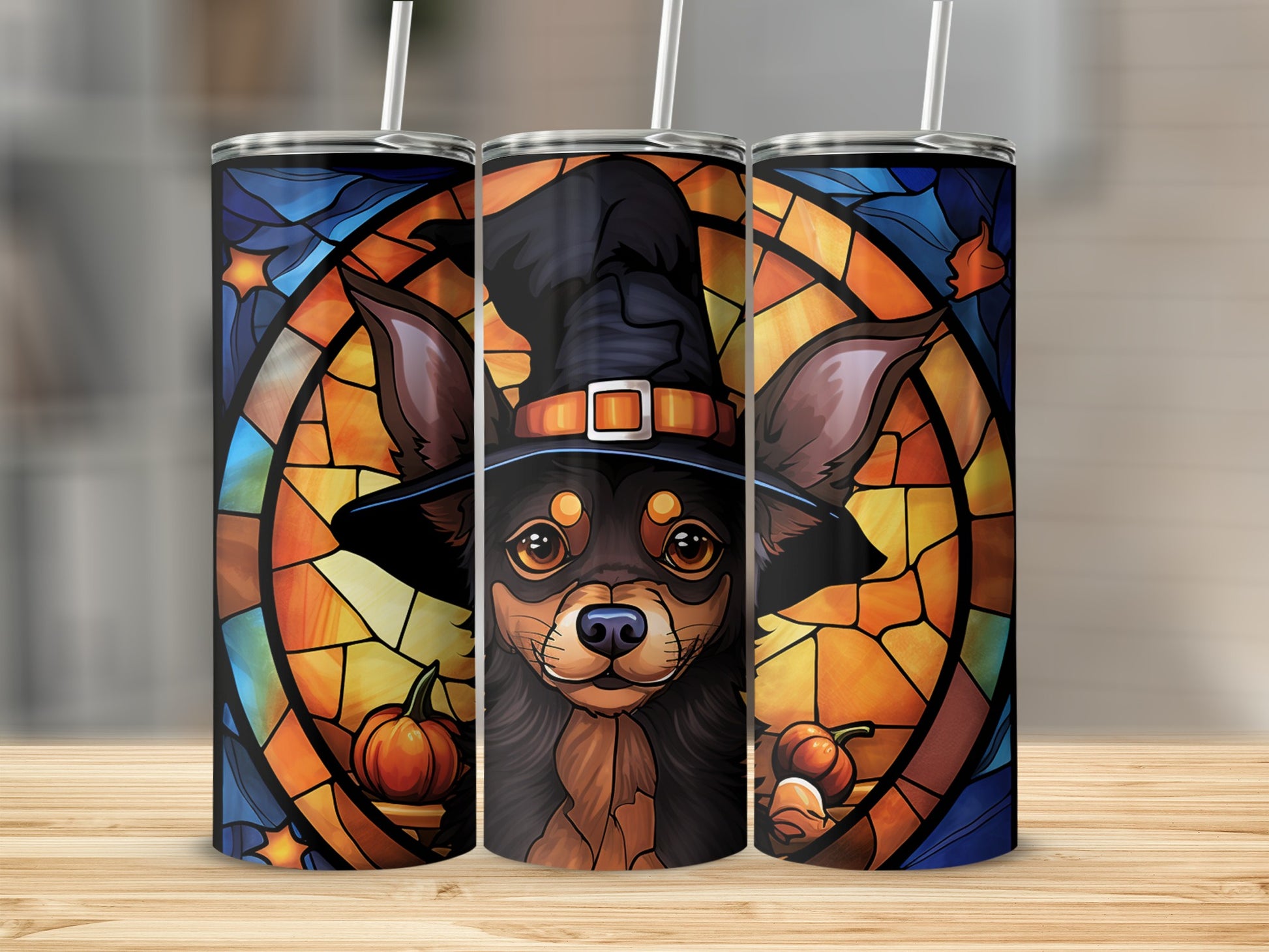 Chihuahua in a witch hat with pumpkins, stained glass background.