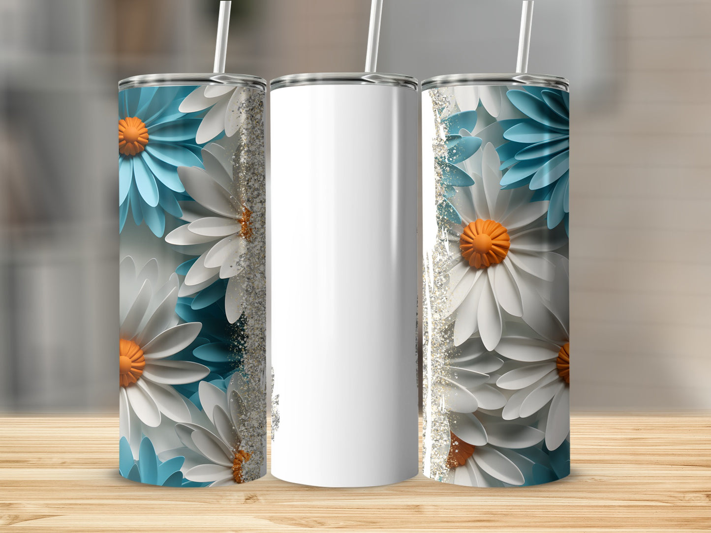 White tumbler with floral design, white and blue daisies, and glitter accents.