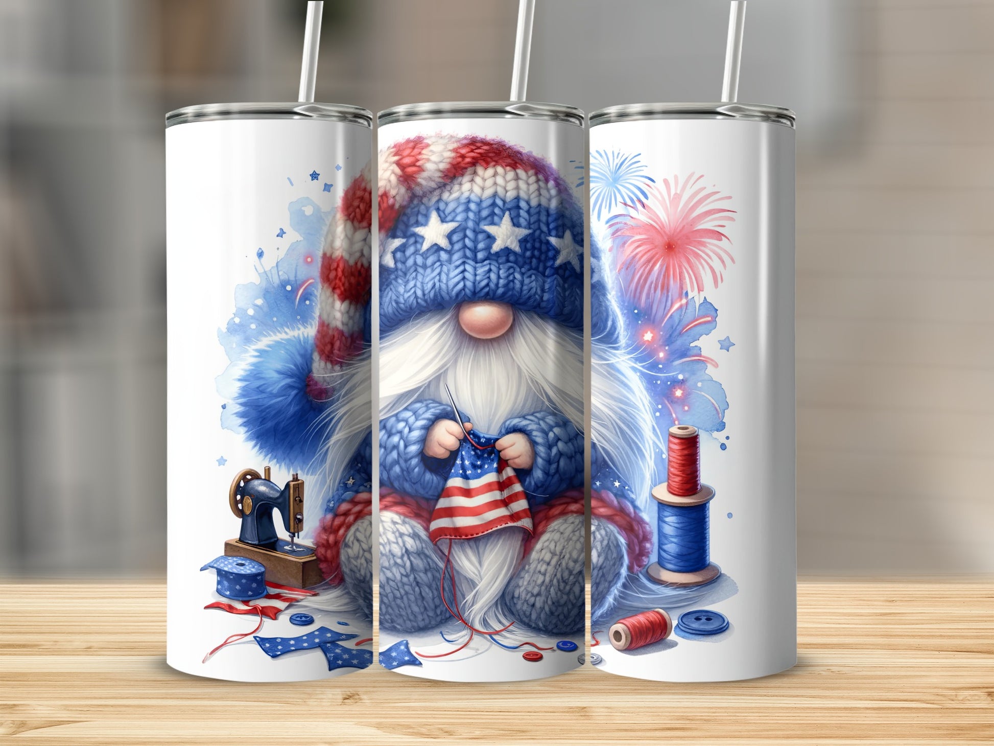 Gnome knitting American flag with sewing machine and spools of thread.