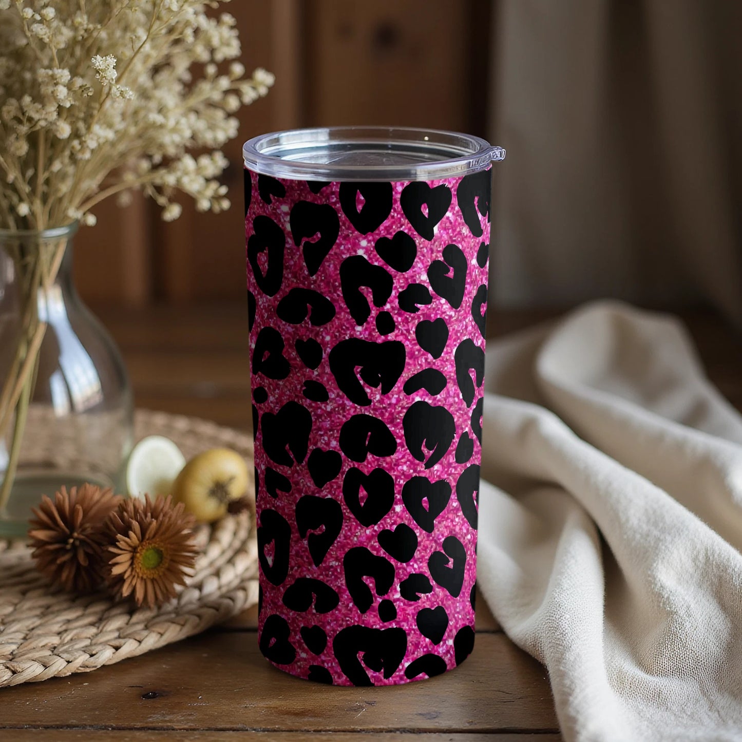 Pink Glitter Leopard Print Tumbler with Lid for Cold Drinks