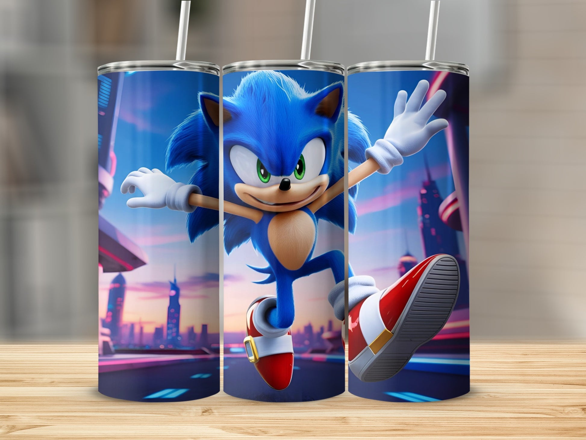 Sonic the Hedgehog running forward with a cityscape background on a tumbler.