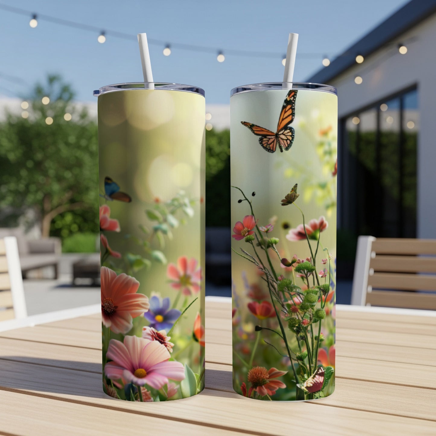 Two tall tumblers with colorful floral and butterfly designs.