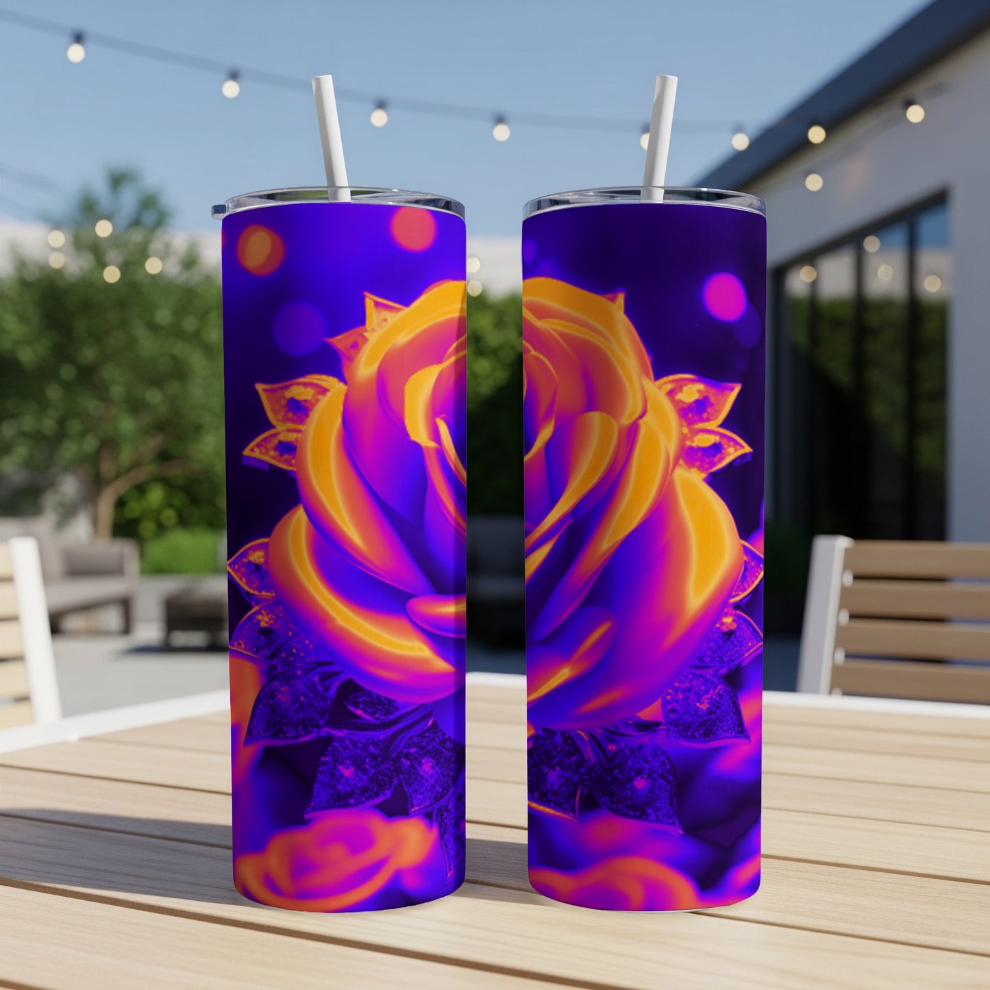 Two tumblers with a colorful, iridescent rose design and purple bokeh background.