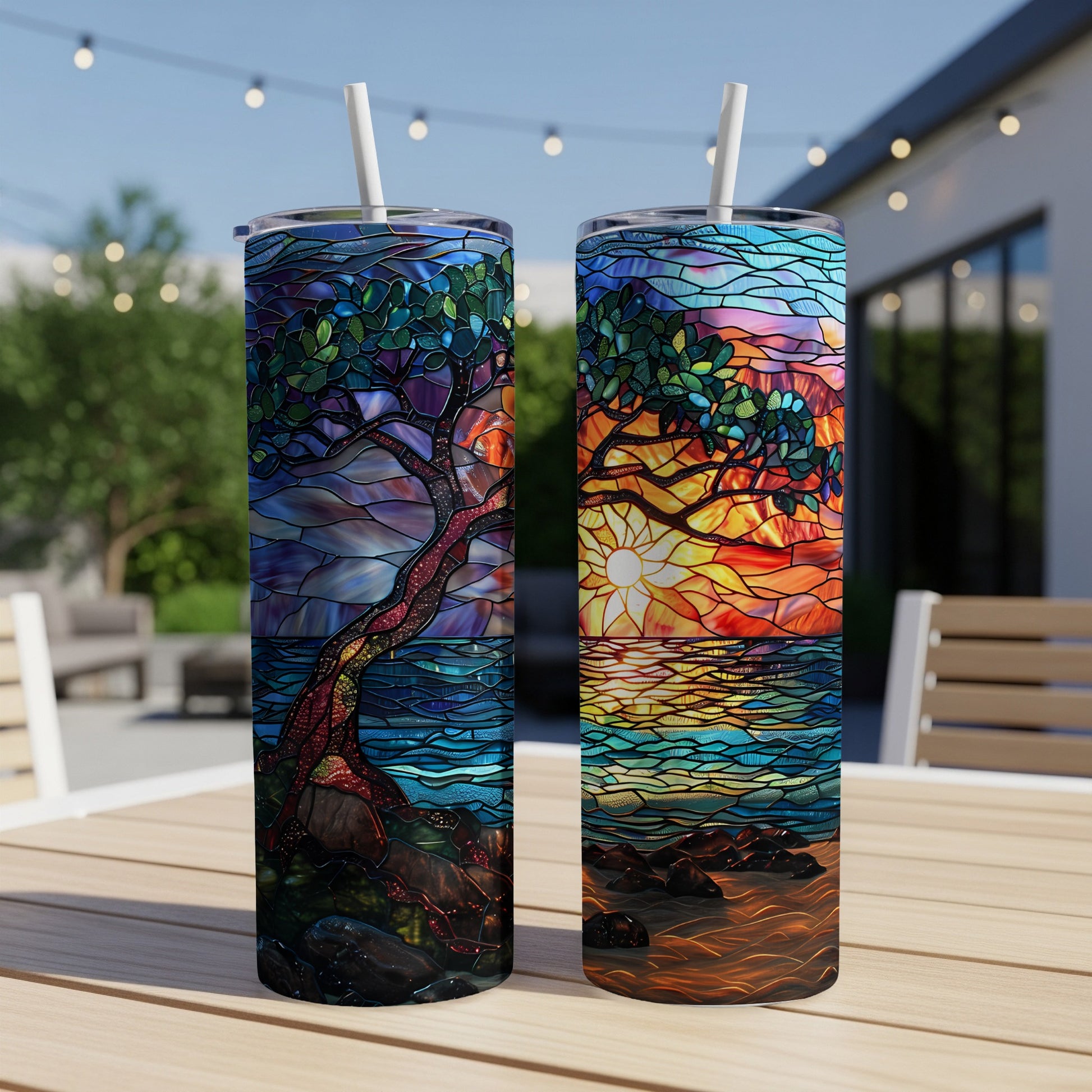 Two stained glass tumblers with a tree and sunset scene sit on a table.
