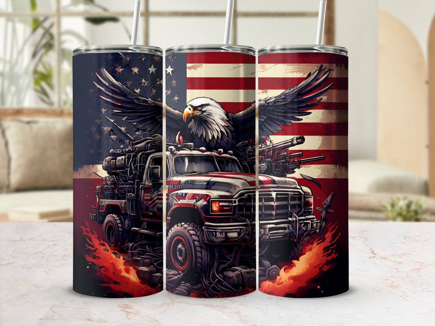 American flag eagle and truck tumbler with fire accents.
