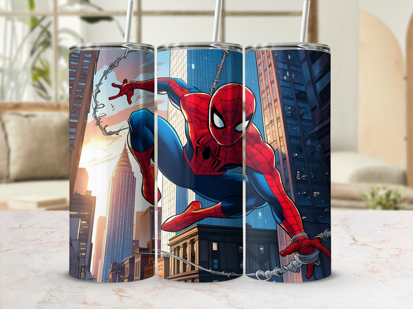 Spider-Man swings through a city skyline with buildings and a sunset background.