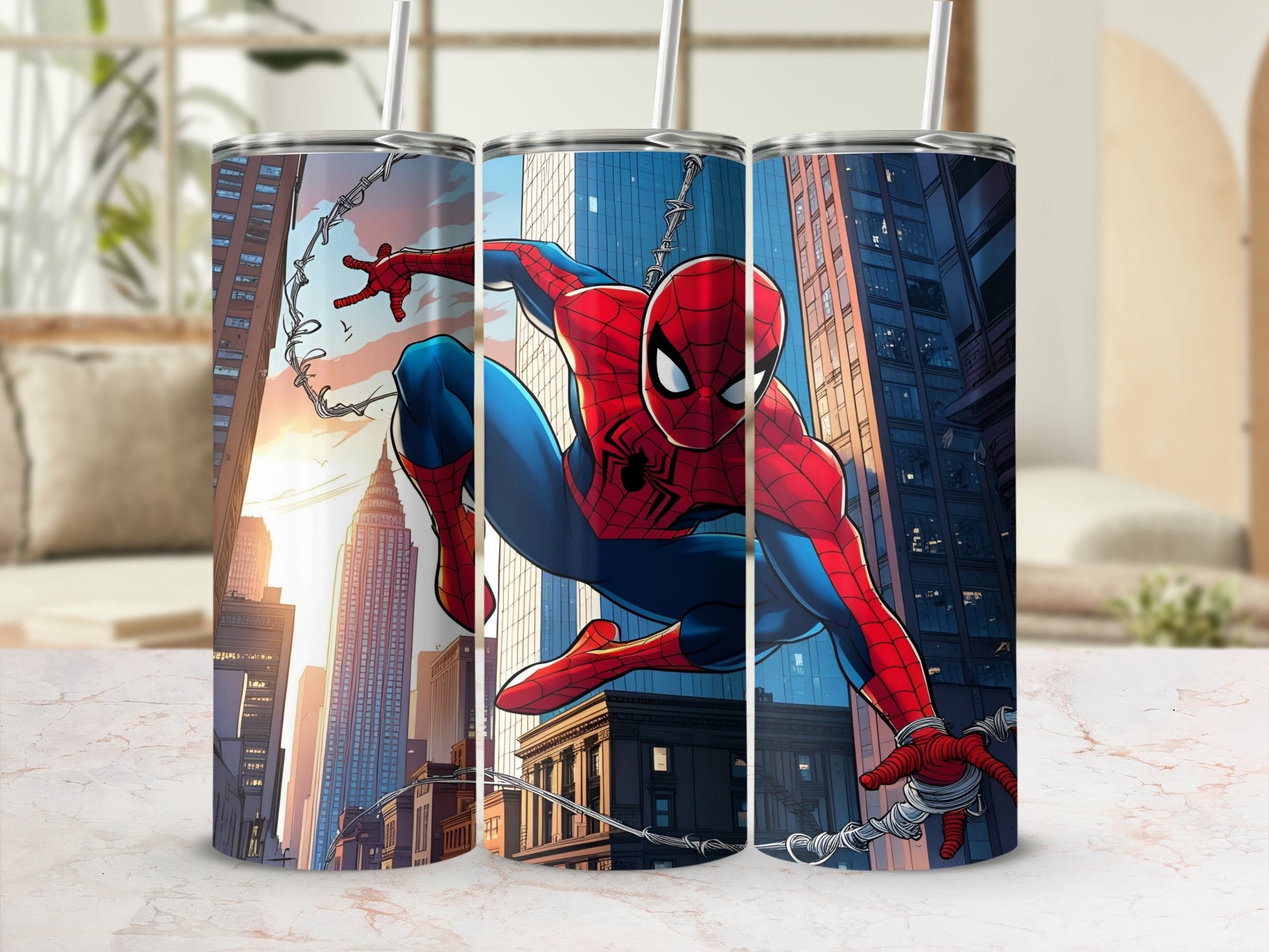 Spider-Man swings through a city skyline with buildings and a sunset background.