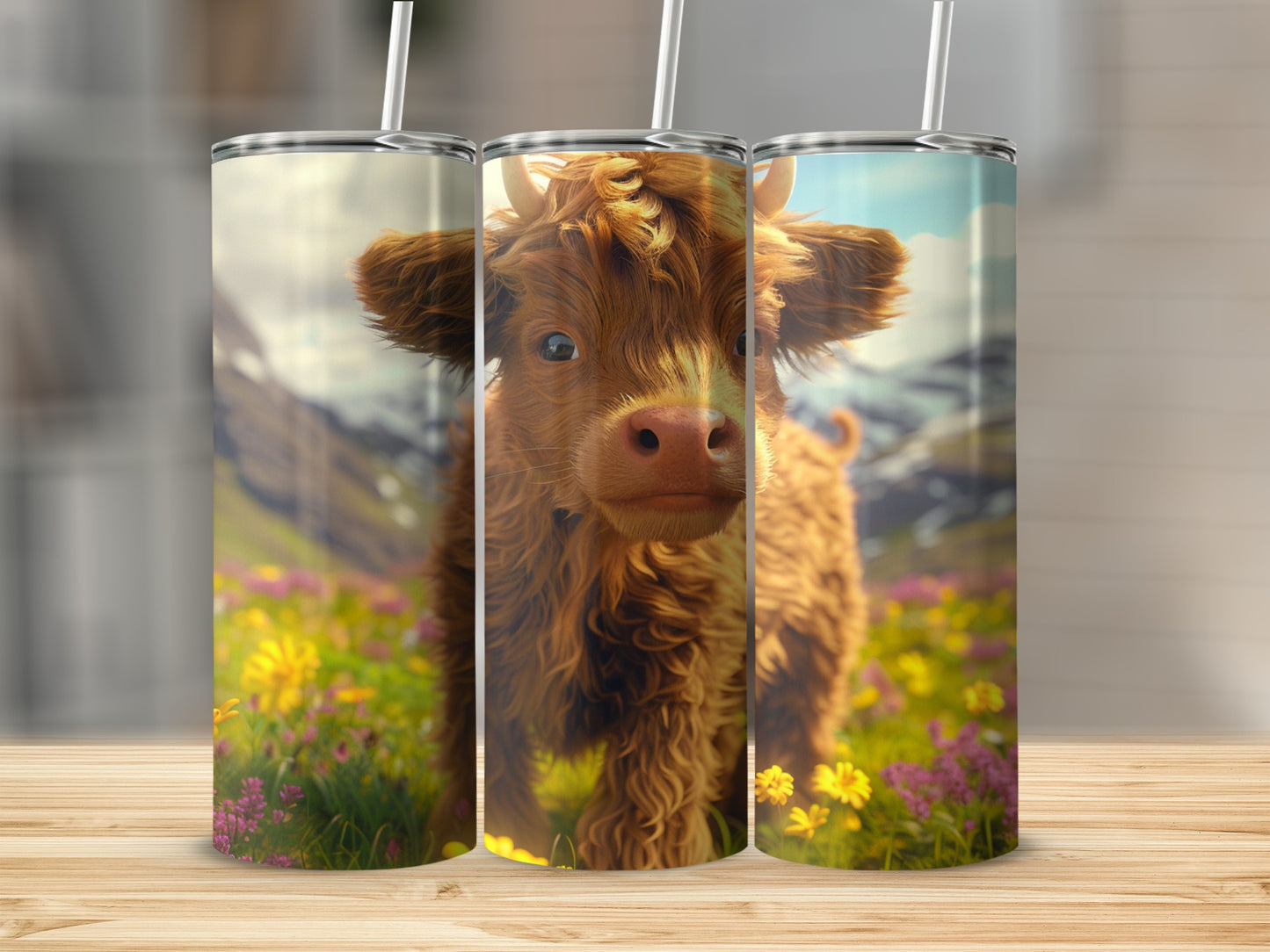 Three tumblers featuring a fluffy Highland cow in a field of wildflowers.