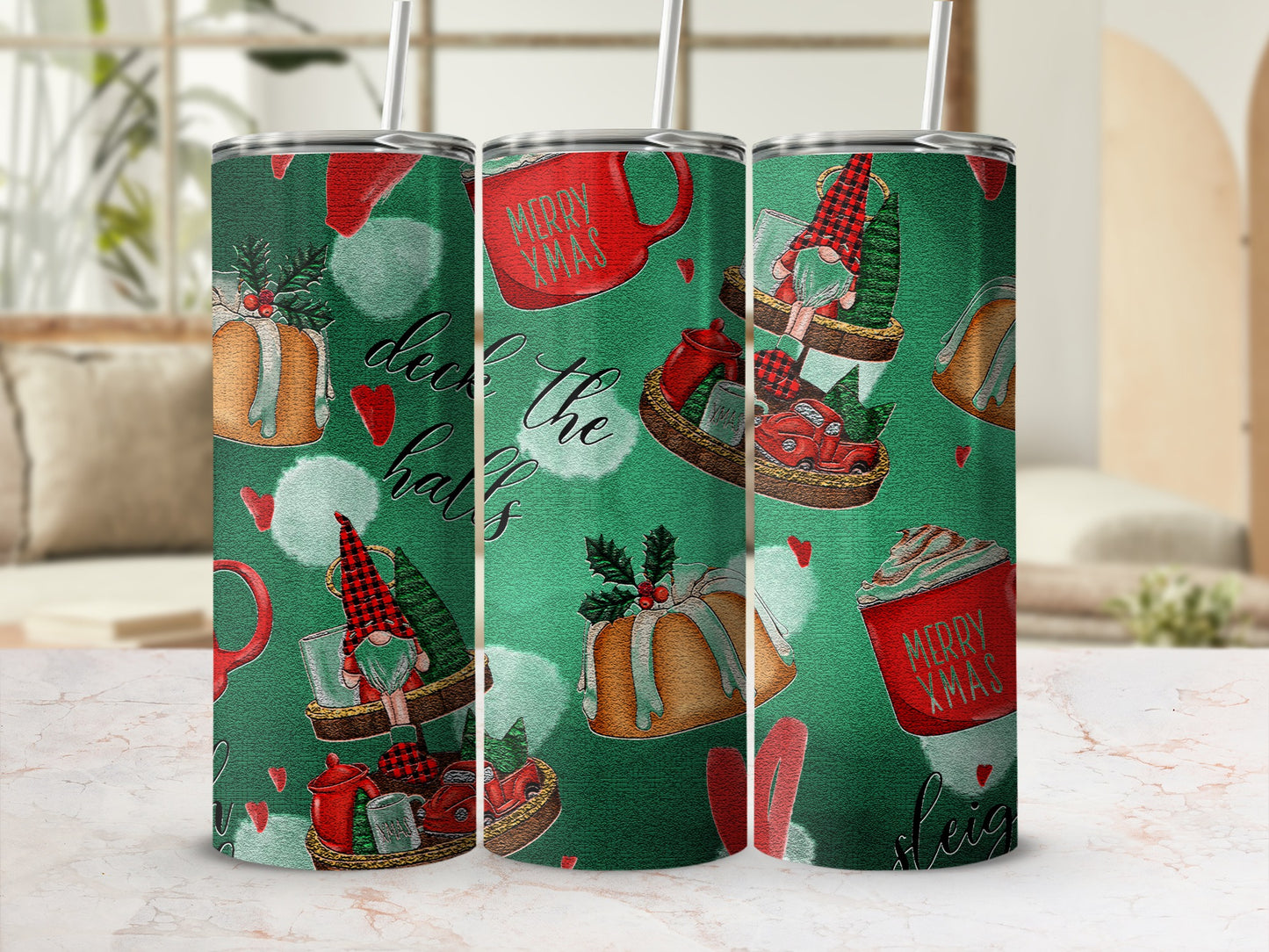 Green tumbler with red Christmas gnomes, trees, mugs, and text "Merry Xmas".
