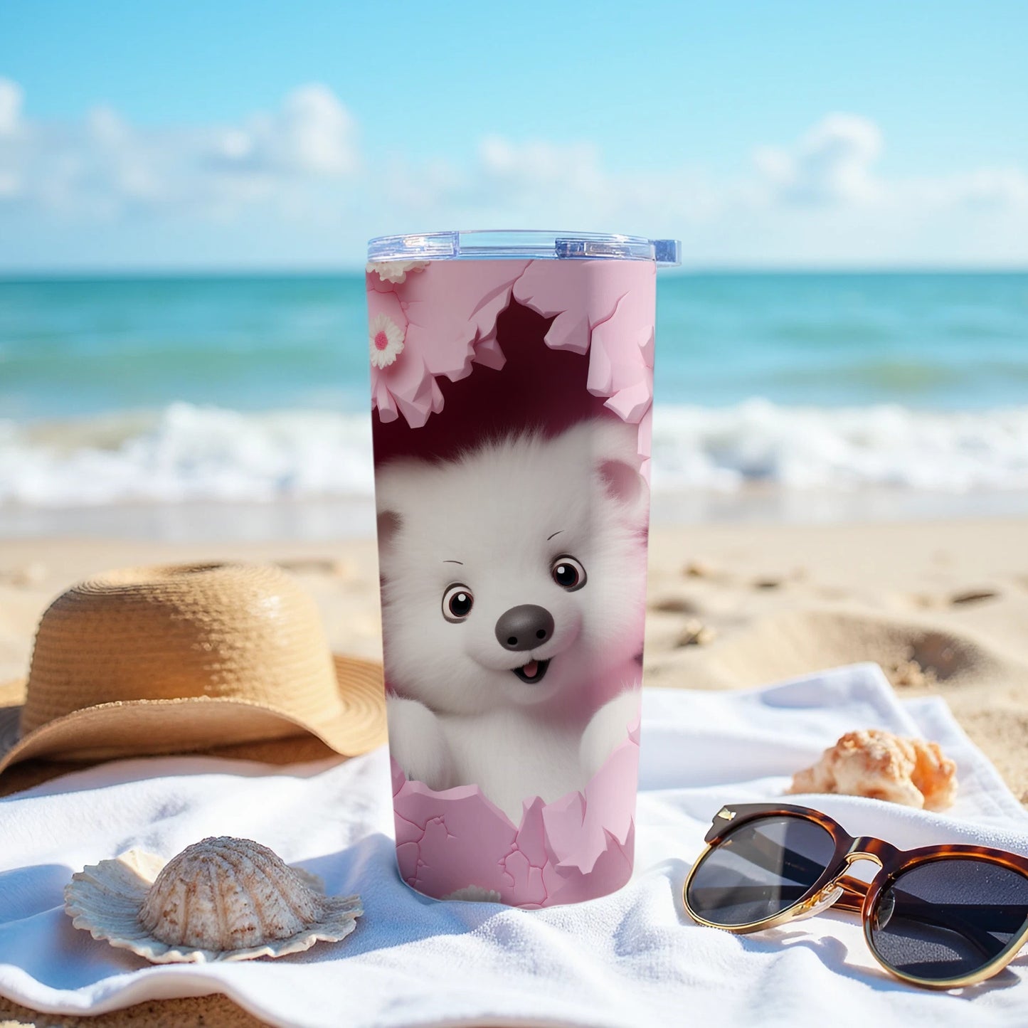 Cute White Puppy Pink Flower Ocean Scene Tumbler product type