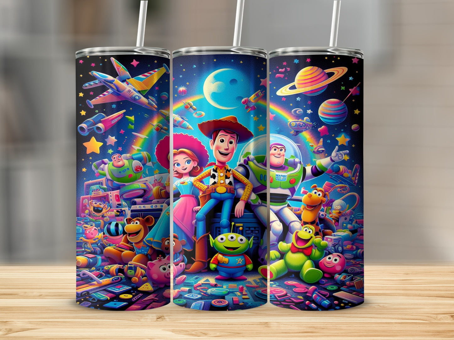 Toy Story characters Woody, Buzz Lightyear, and alien on a colorful tumbler.