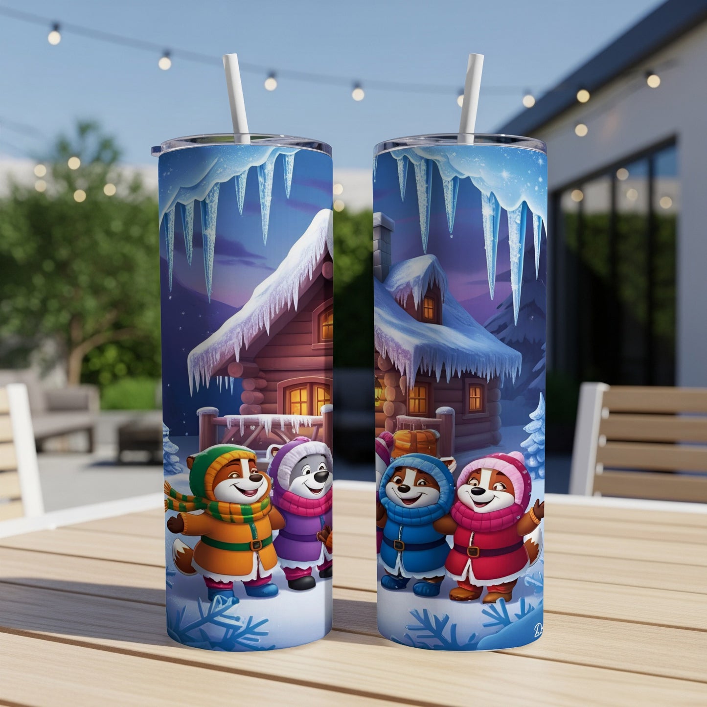 Two snow-themed tumblers with cartoon foxes and raccoons, on a wooden table.