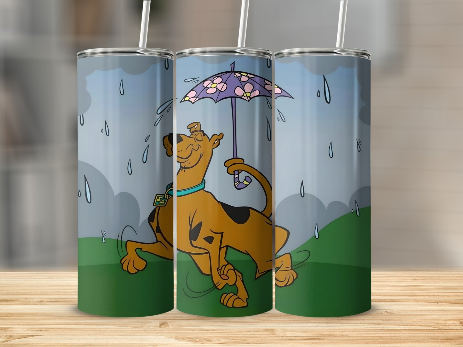 Scooby-Doo character holding a purple umbrella in the rain.