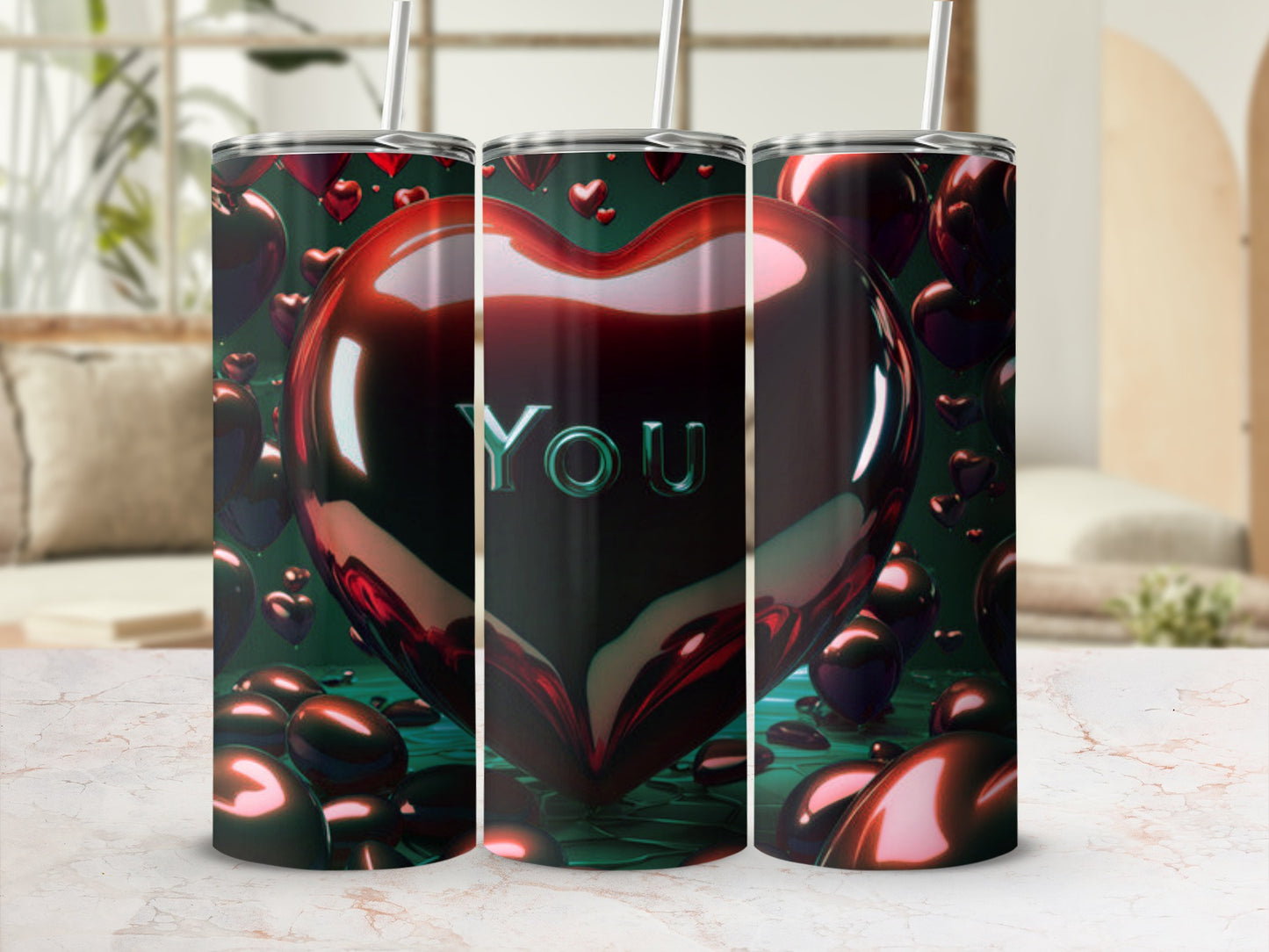 Glossy red heart with "YOU" text surrounded by smaller hearts.
