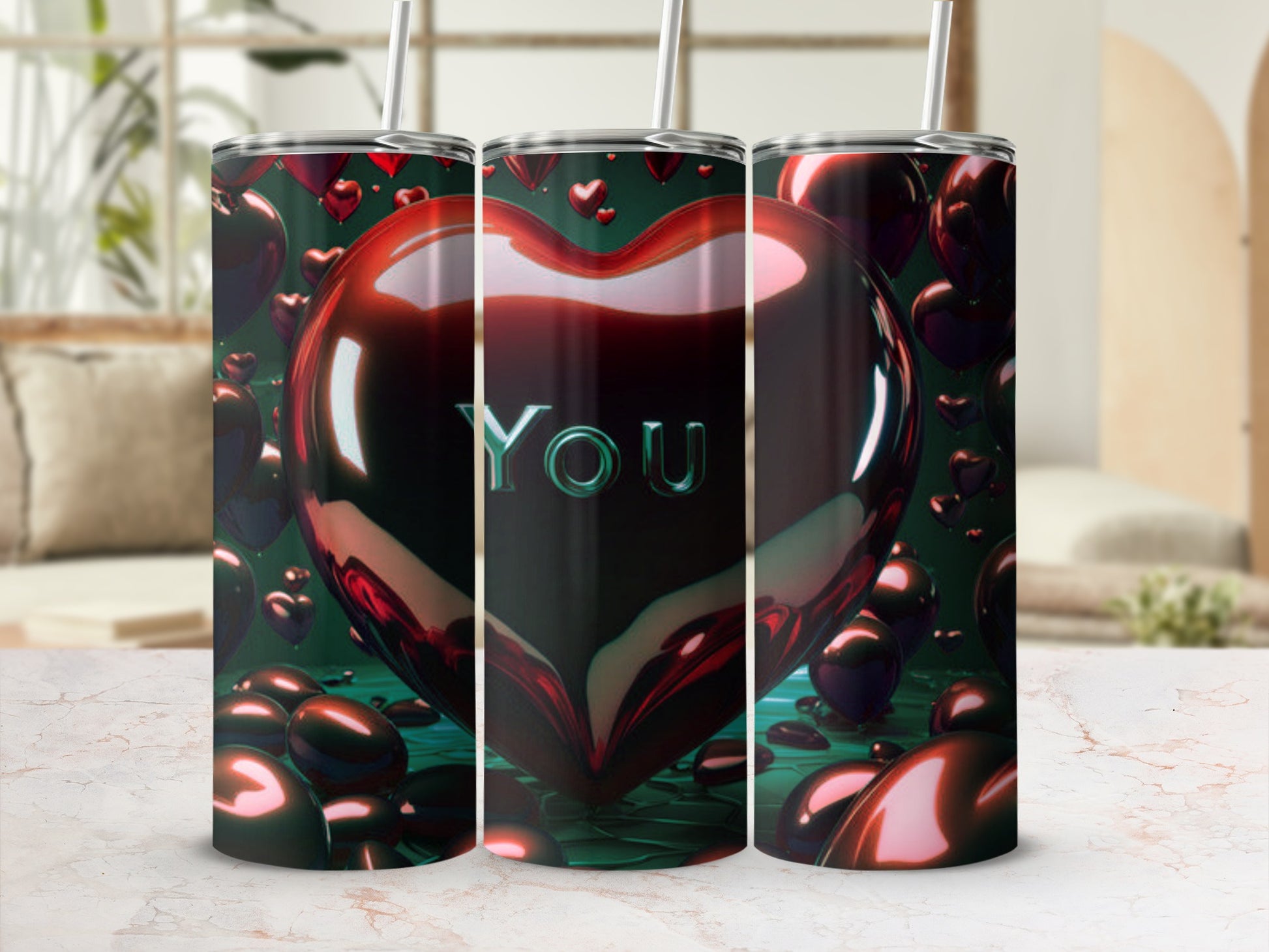 Glossy red heart with "YOU" text surrounded by smaller hearts.