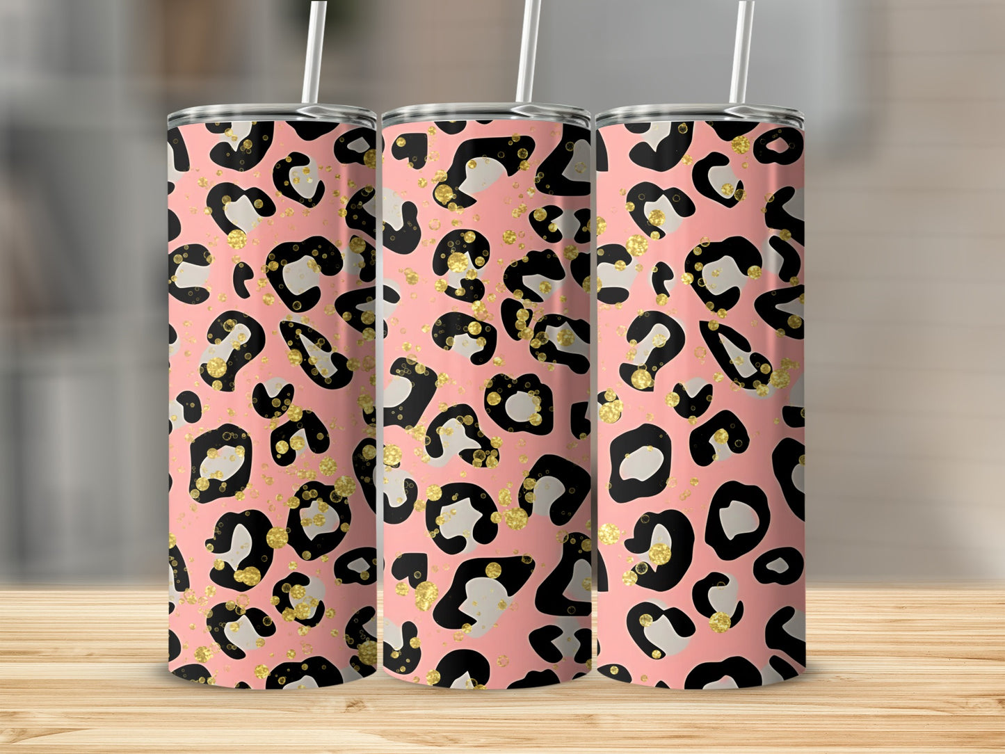Pink and Black Leopard Print Tumbler with Gold Accents