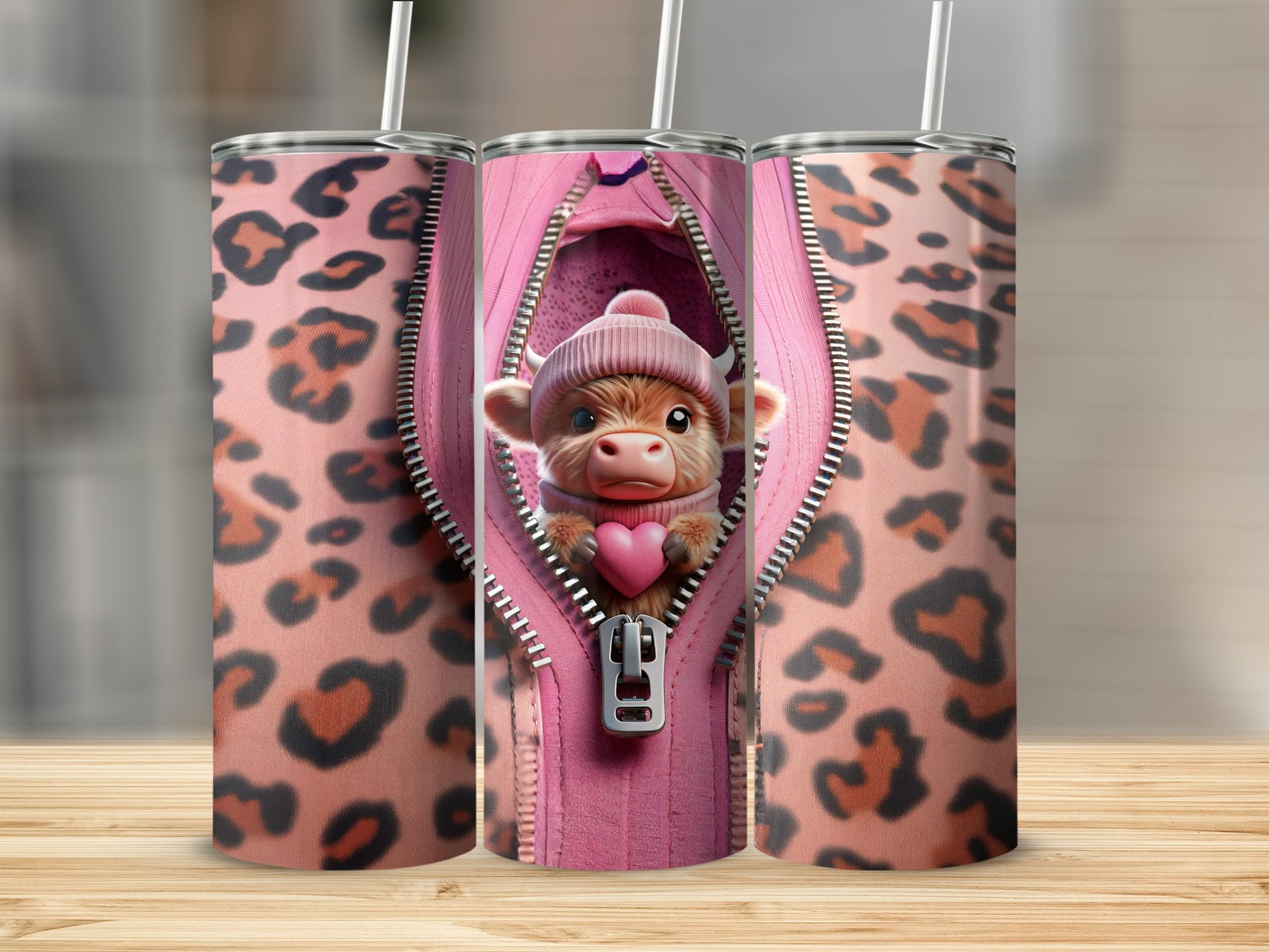 Pink leopard print tumbler featuring a cow wearing a pink hat and holding a heart.