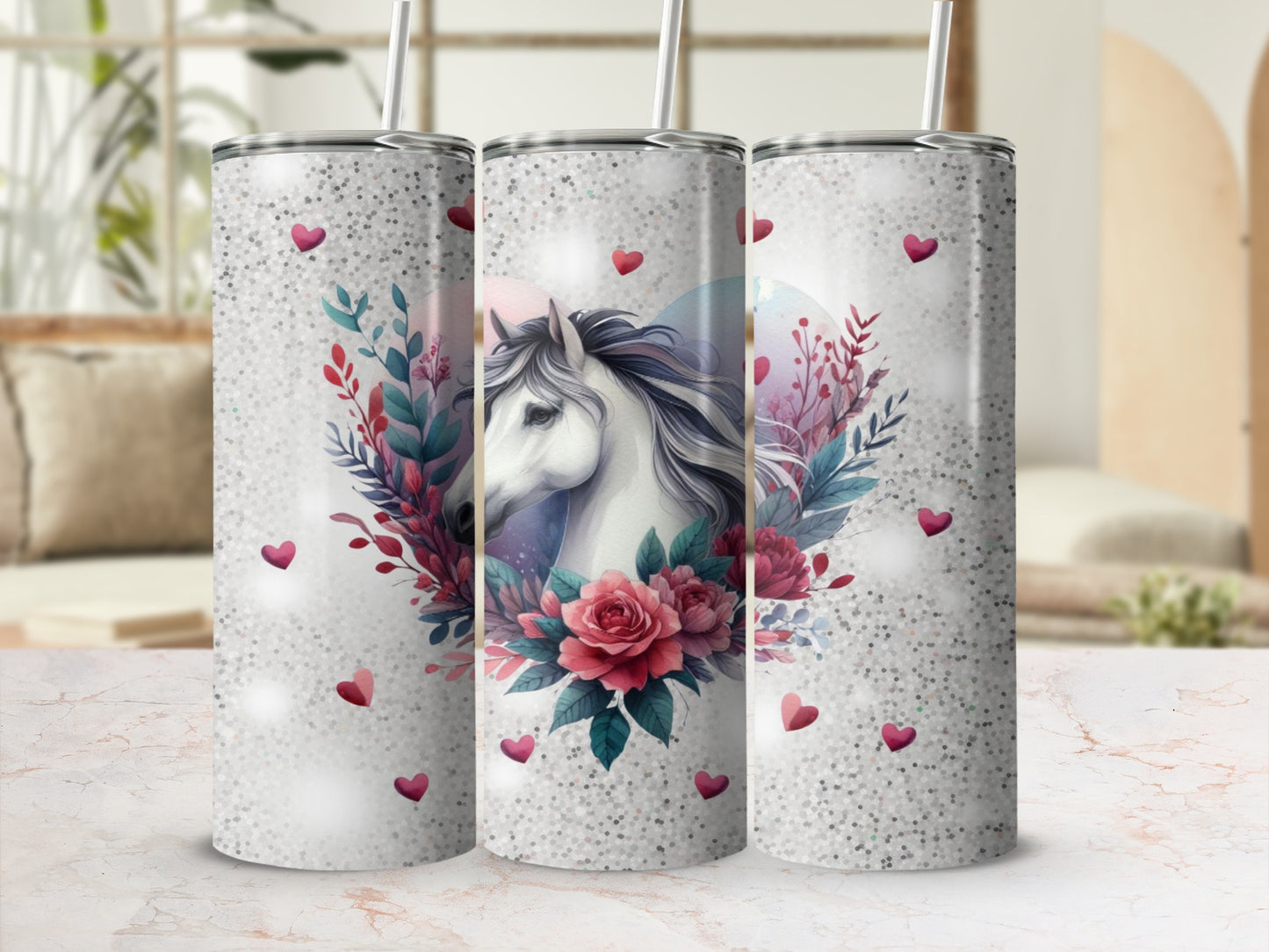 White horse head with floral accents and hearts on a glittery tumbler.