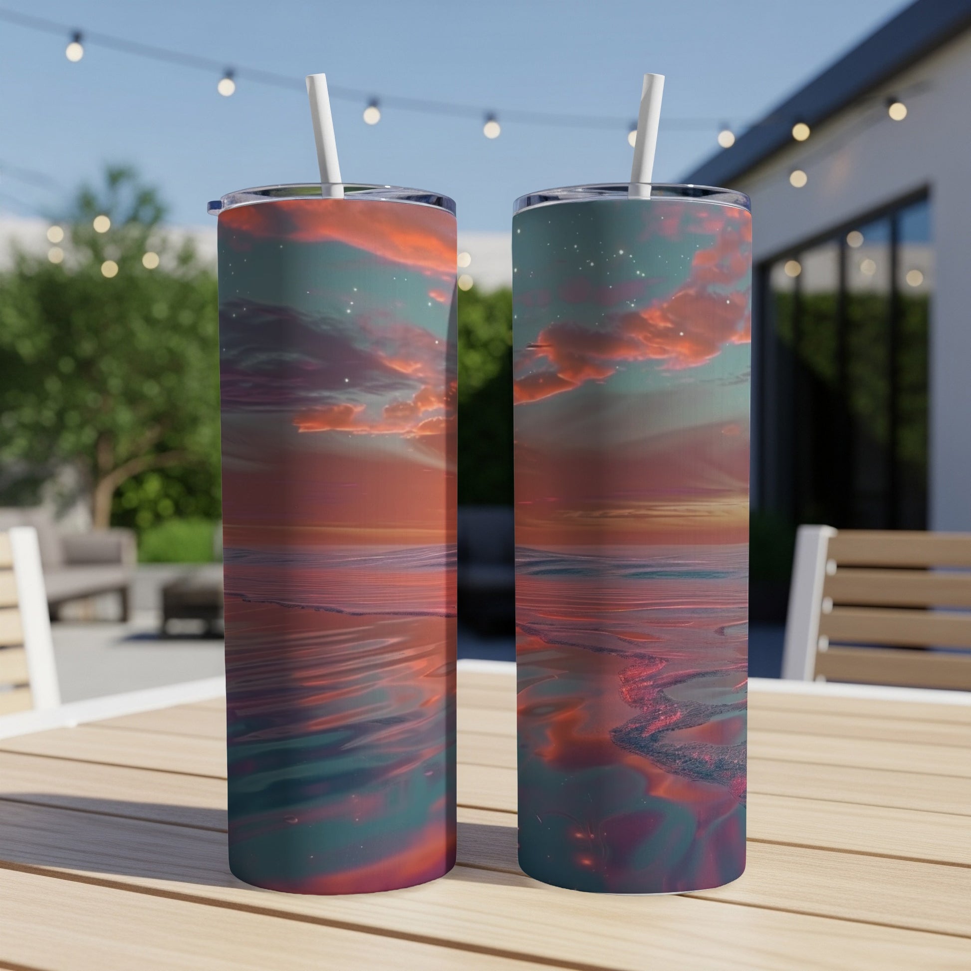 Two tumblers with a sunset over water design stand on a wooden table outdoors.