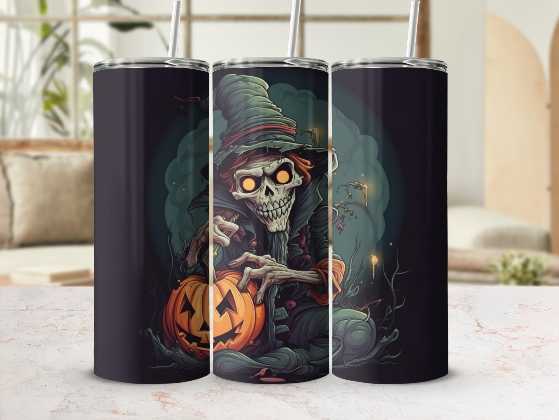 Triptych of tumblers featuring a spooky skeleton witch holding a Jack-o'-lantern.