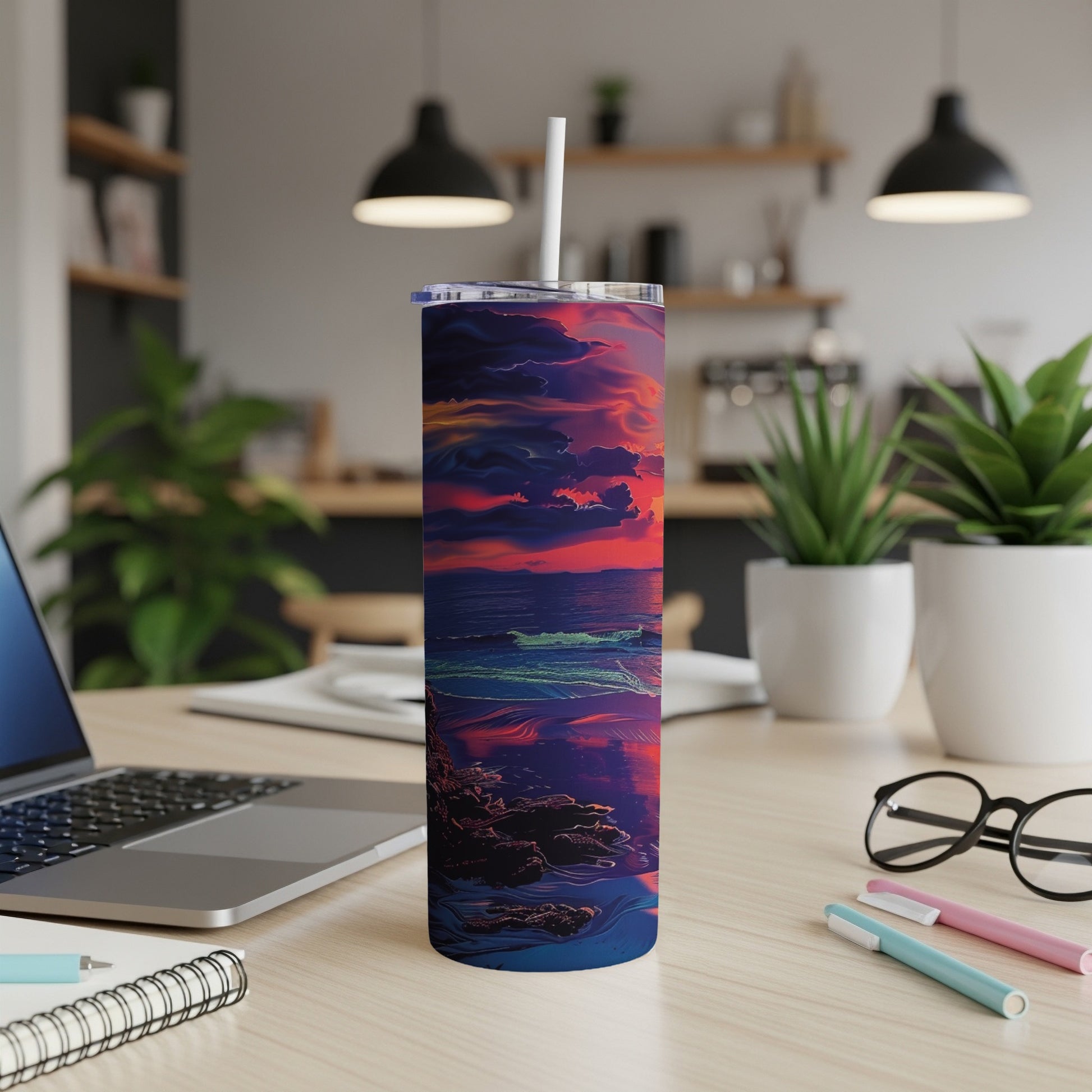 Tall tumbler with a vibrant sunset ocean wave design.