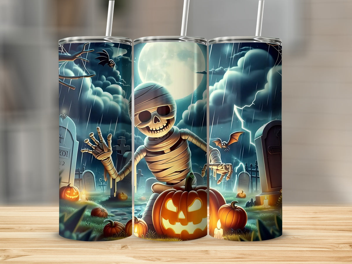 Halloween tumbler with mummy, pumpkins, graveyard, bats, and full moon in rain.