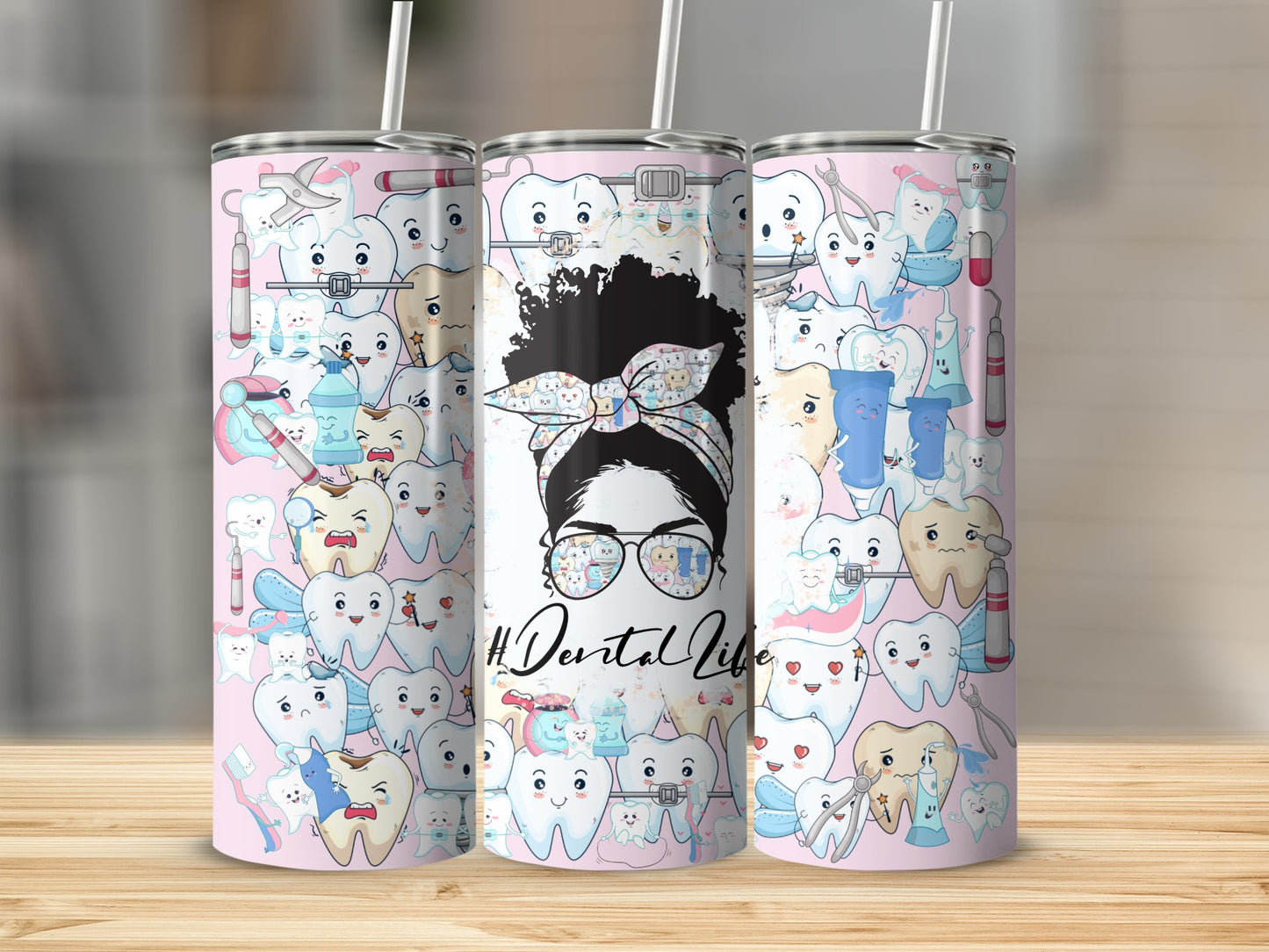 Trio of tumblers featuring cartoon dentists and teeth with "Dental Life" text.