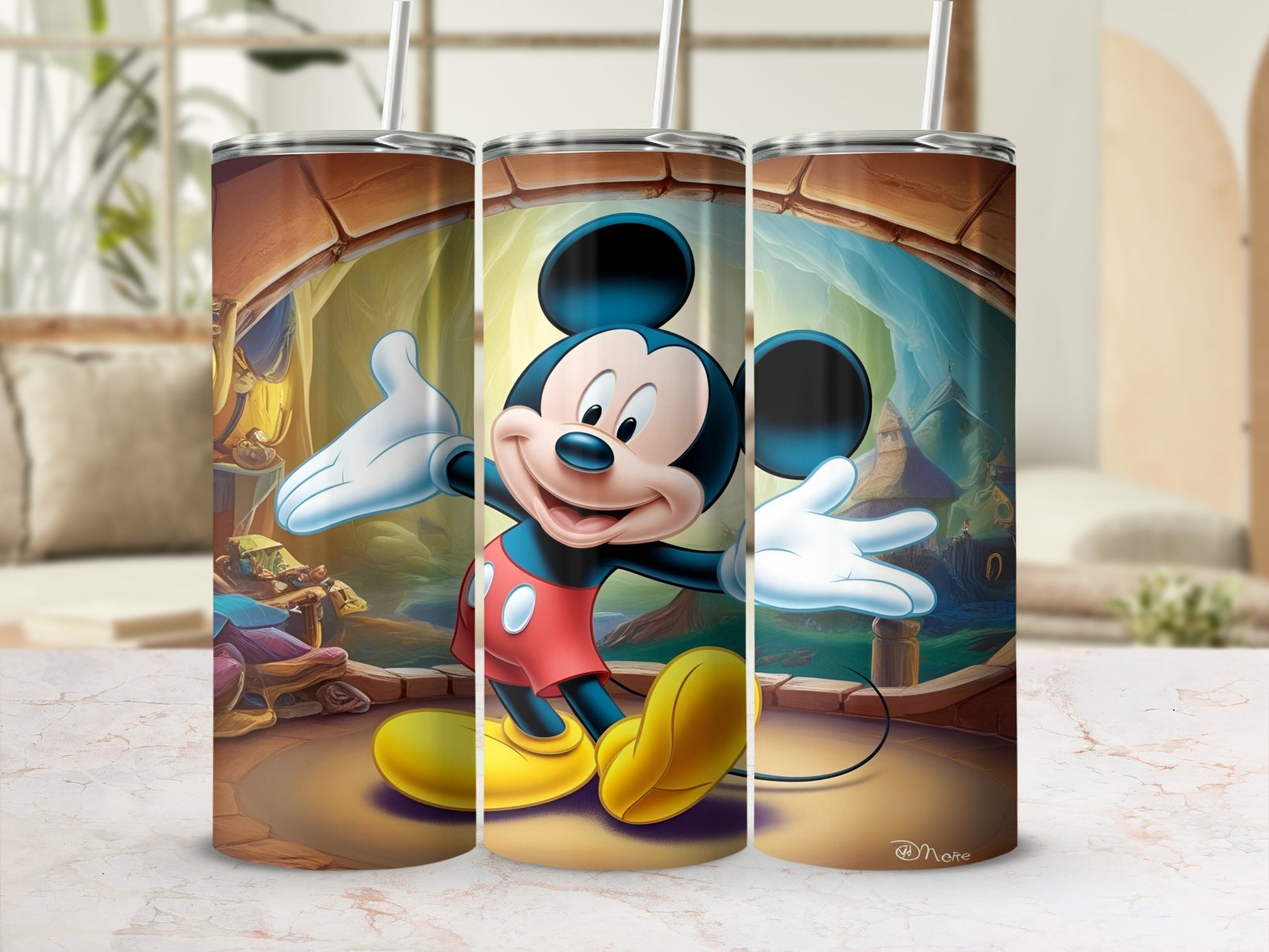 Mickey Mouse in red shorts and yellow shoes, a tumbler design.