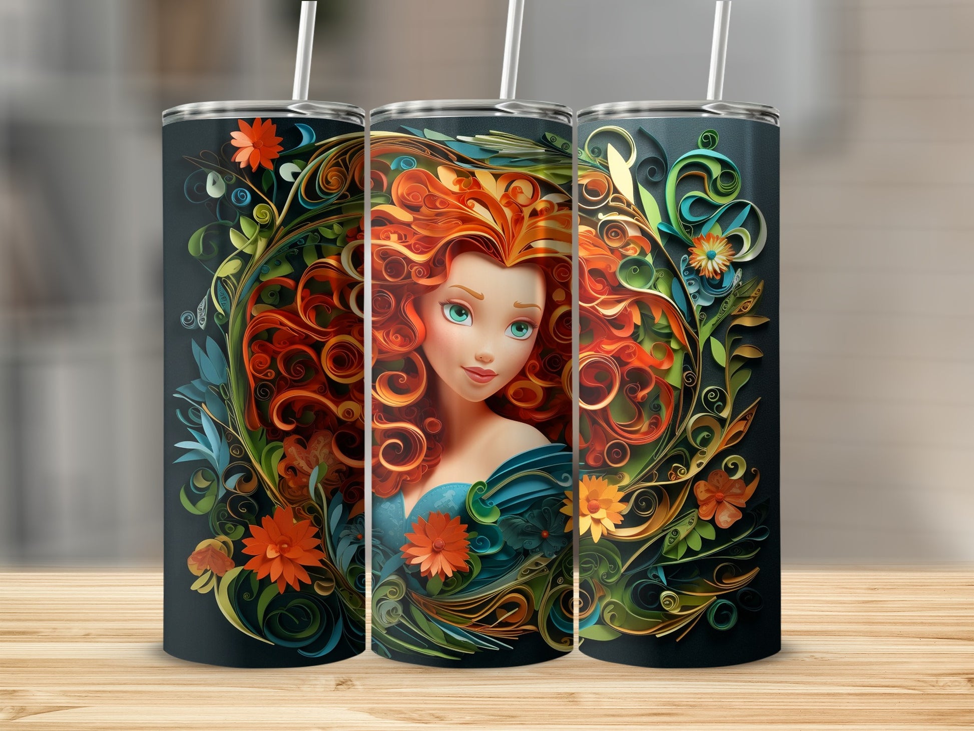 Floral Red Haired Animated Character Tumbler Cup