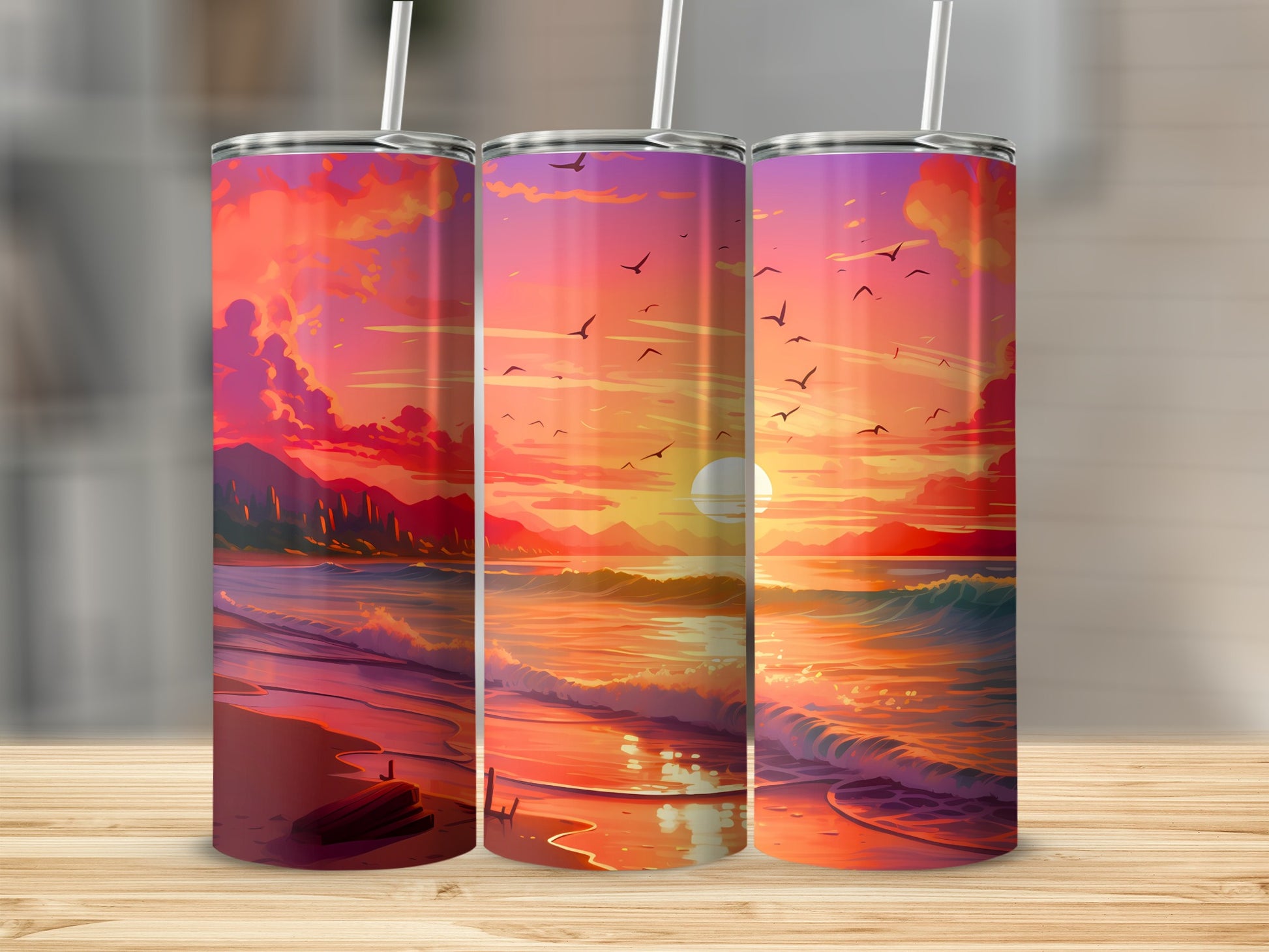 Vibrant Ocean Sunset Beach Birds Sky product type
