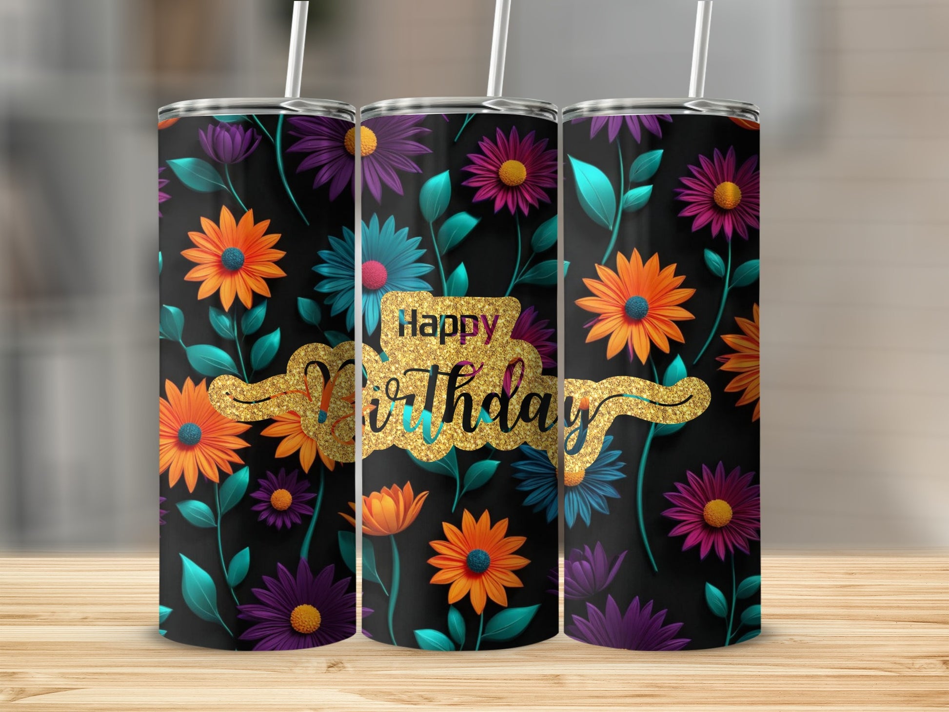 Three tumblers with a black background, colorful flowers, and "Happy Birthday" text.
