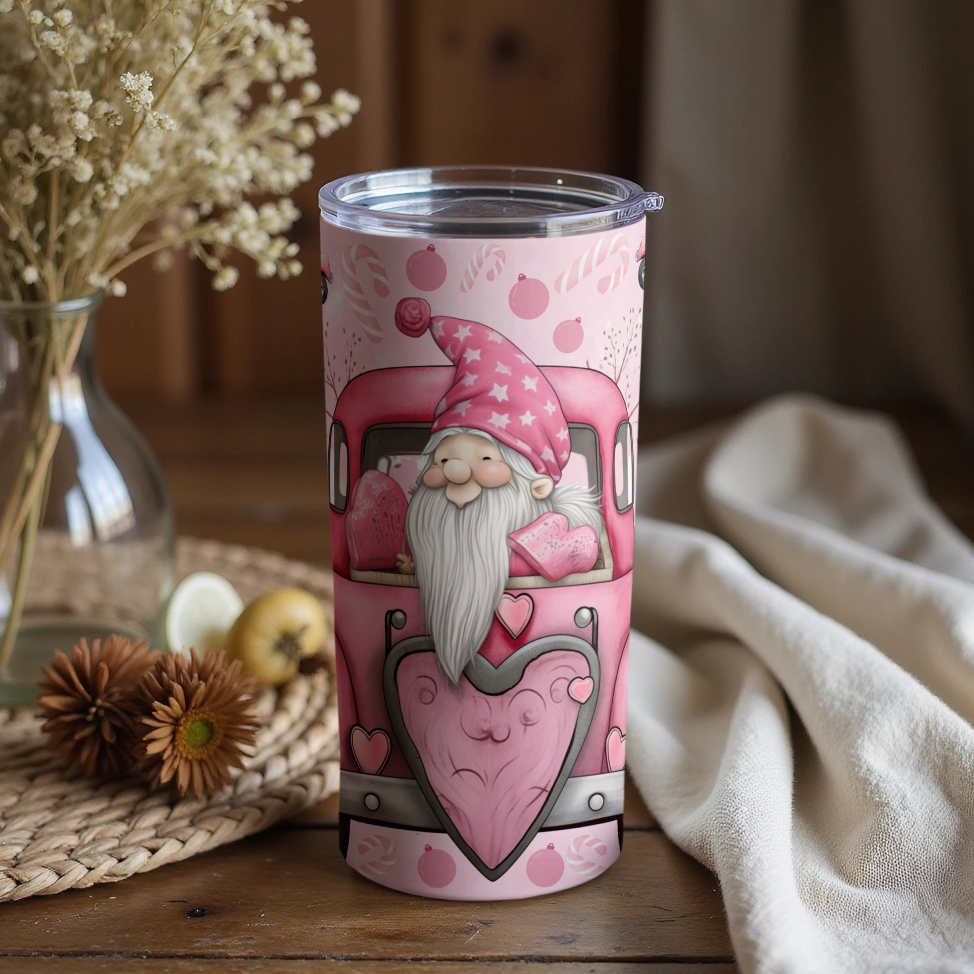 Pink Gnome Valentine Tumbler Cup with Heart Design