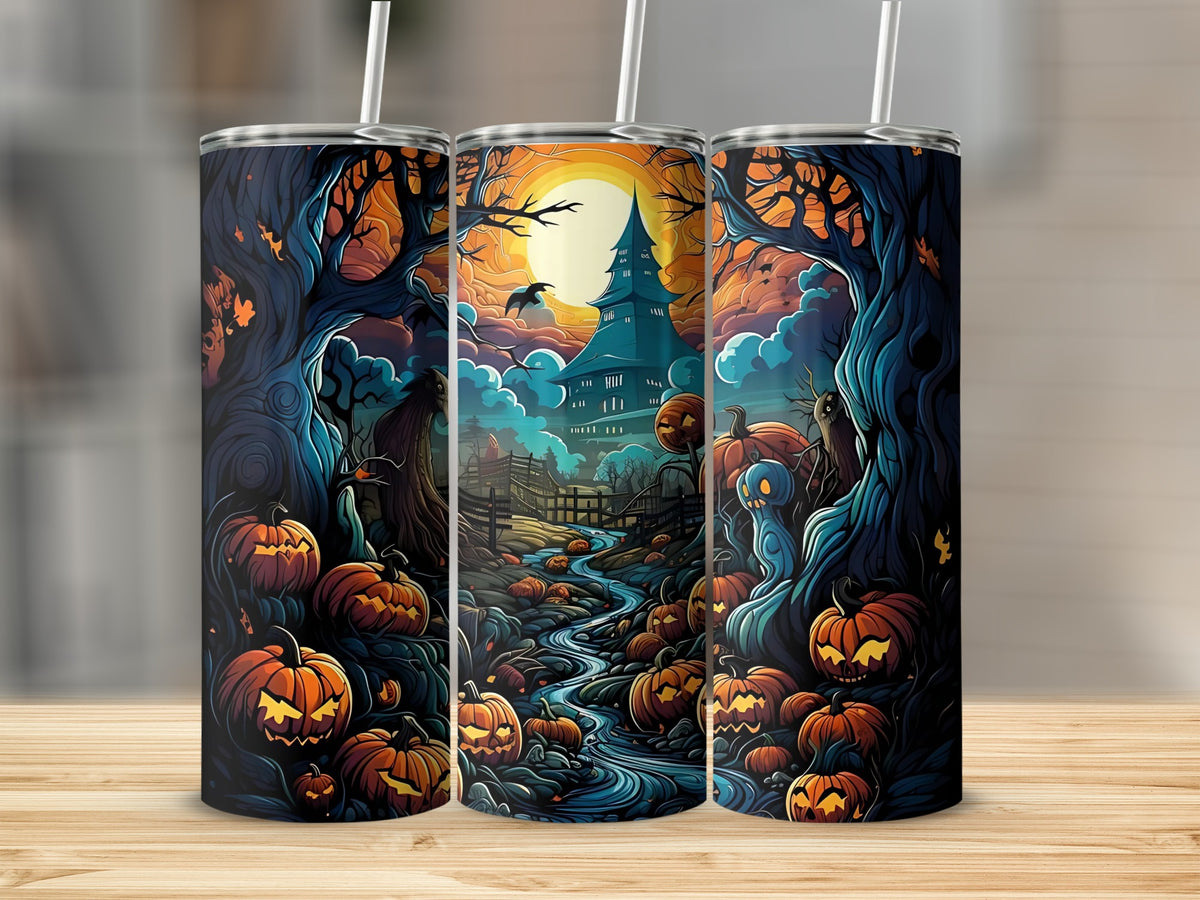 Halloween themed tumbler with spooky trees, pumpkins, a castle, and a ghost.