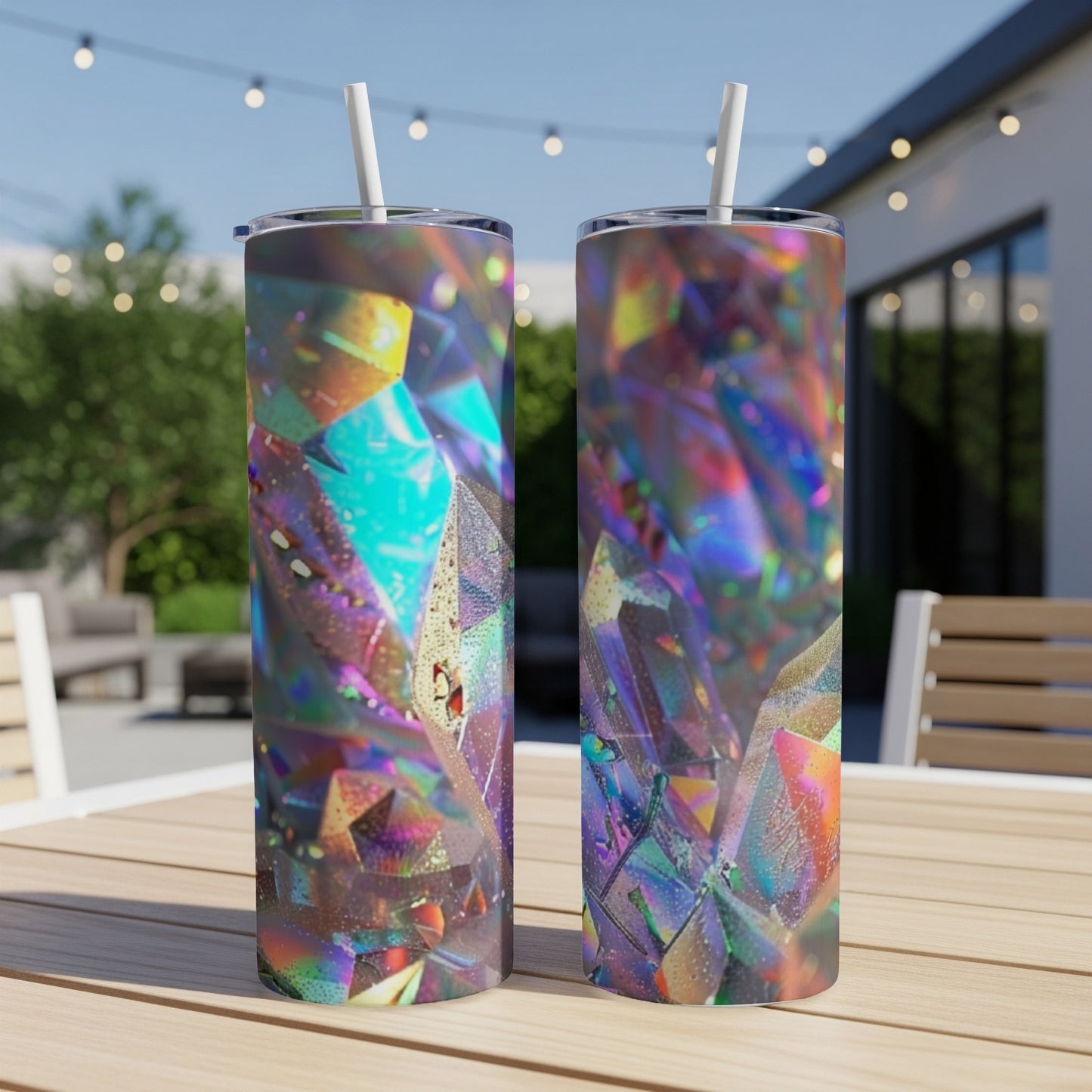 Two tumblers with iridescent crystal patterns on a wooden table outdoors.
