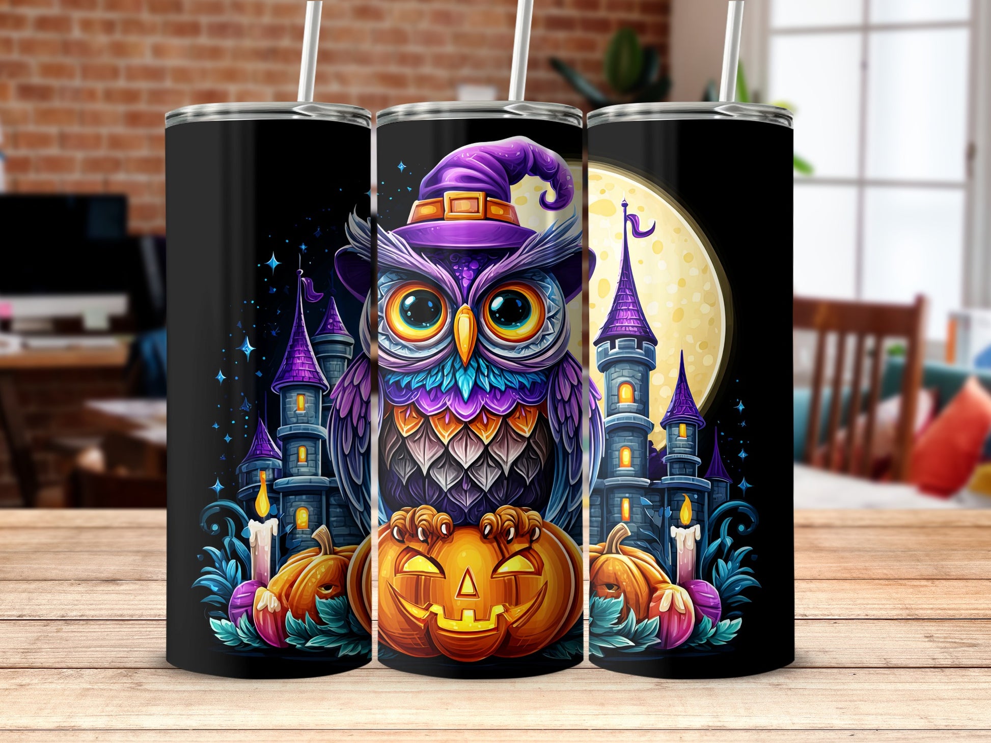 Magical Halloween Owl with Moon and Pumpkin Tumbler