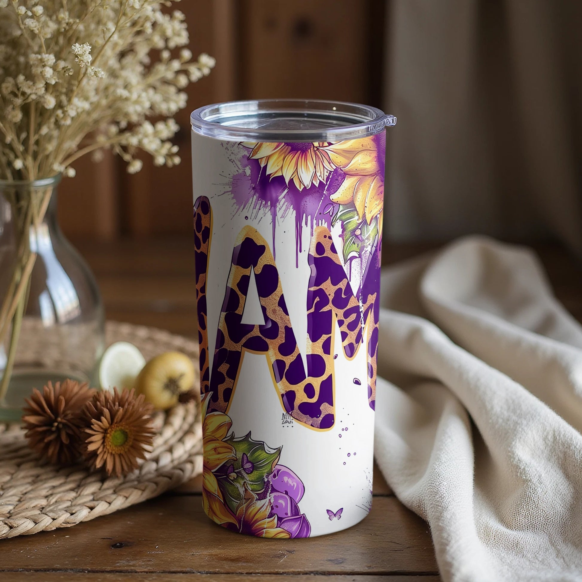 Vibrant Leopard and Sunflower Design Tumbler Cup
