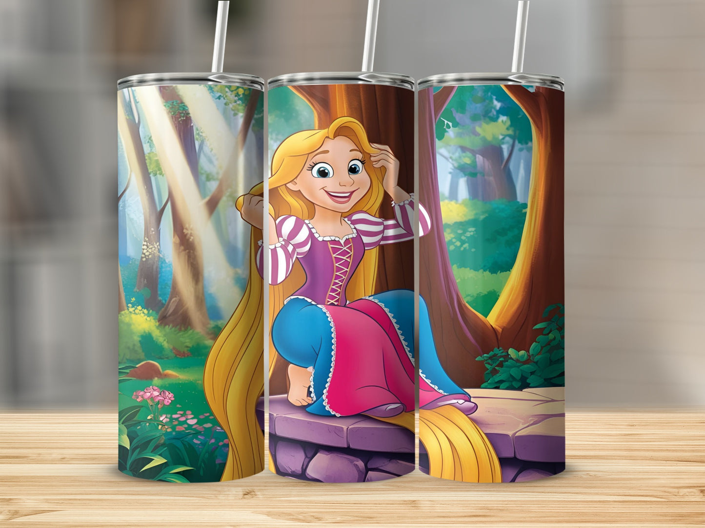 Rapunzel sitting in a forest with her long hair, holding a straw.