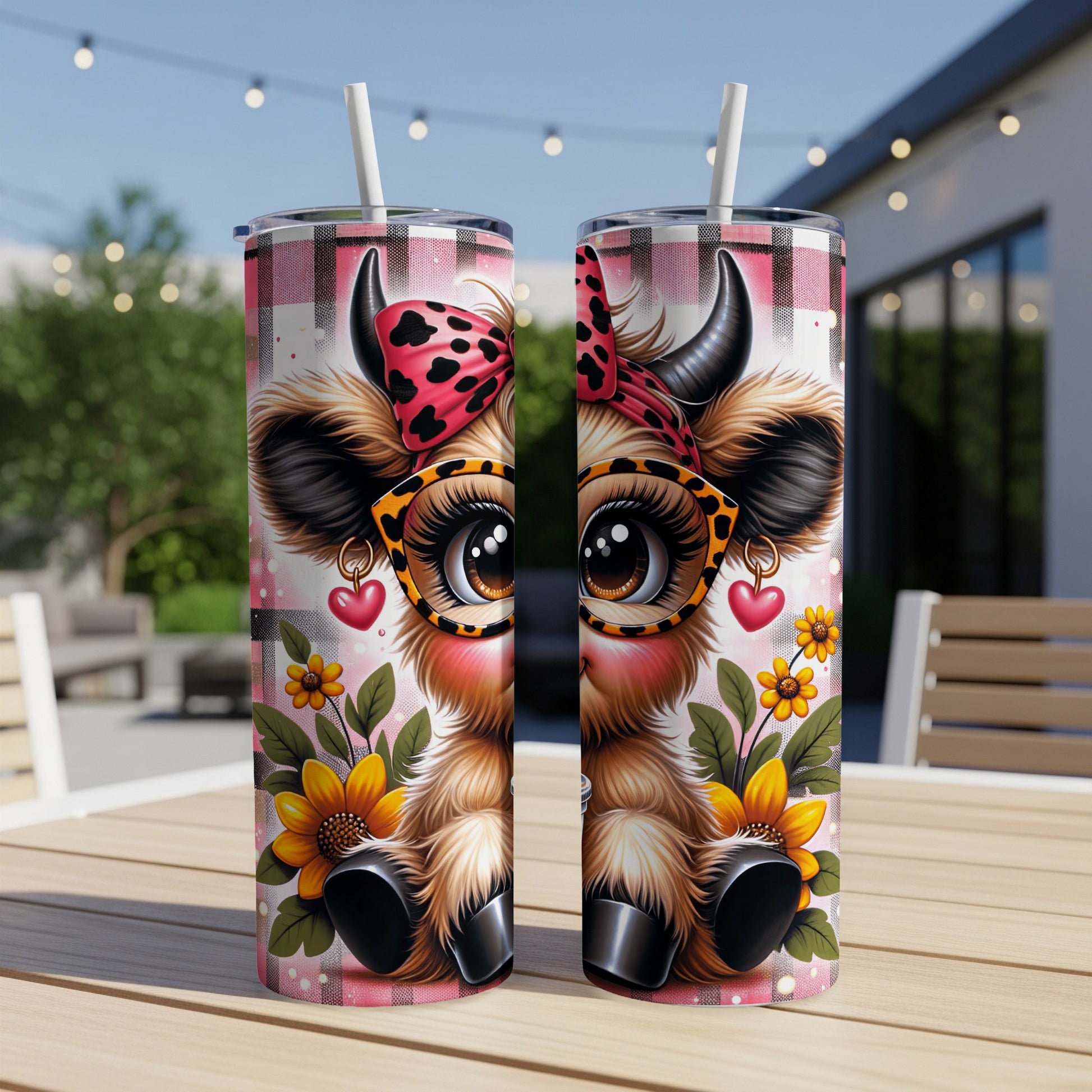 Cute cow with pink bandana and glasses on a checkered tumbler.