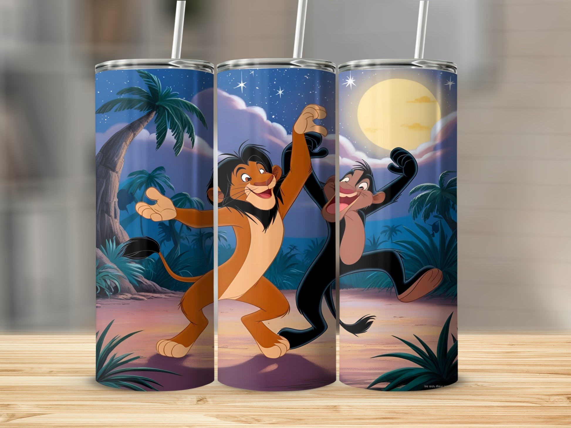 Simba and Timon dancing under a full moon in a jungle scene.