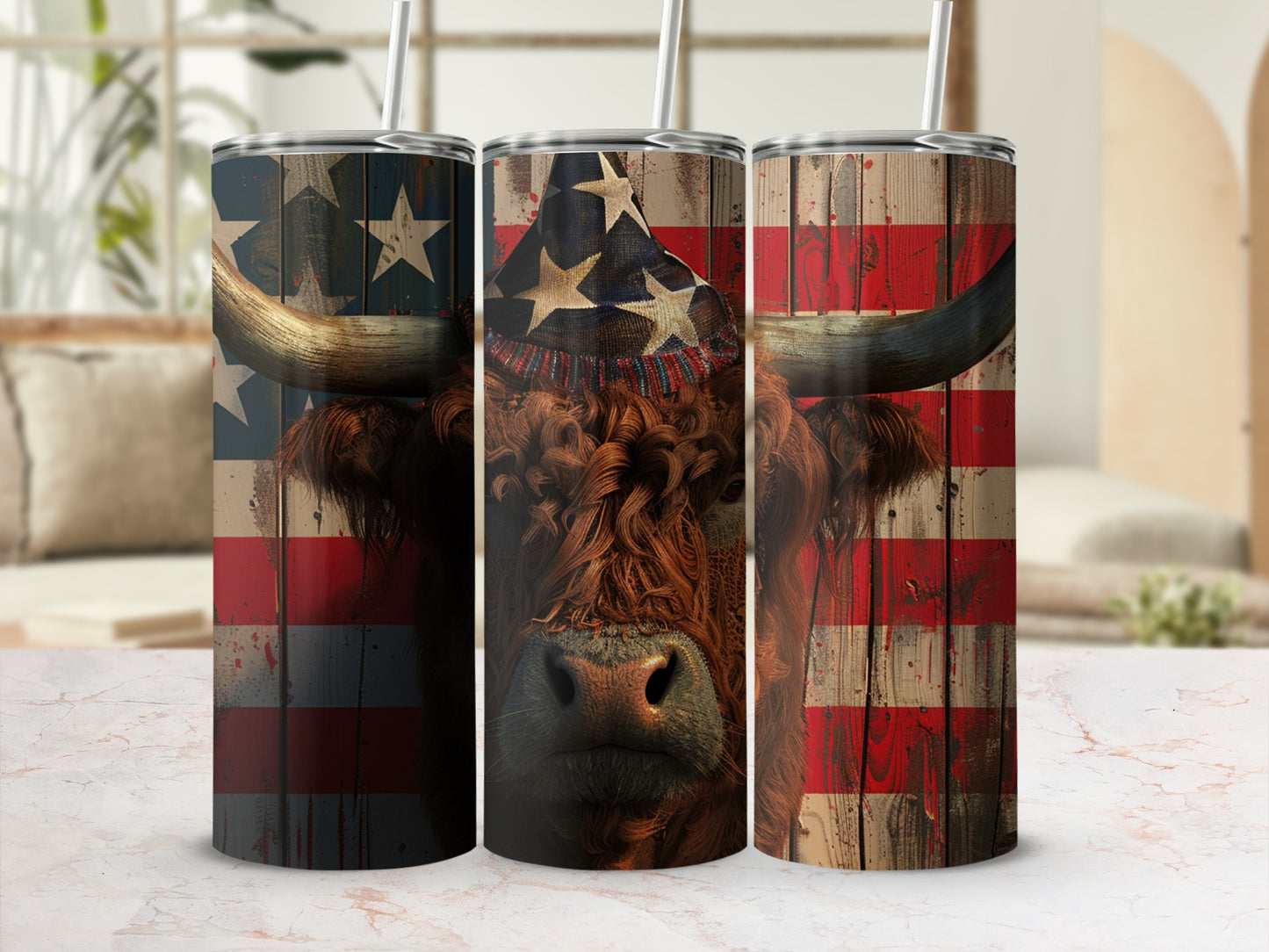 Three tumblers featuring a Highland cow with American flag design.