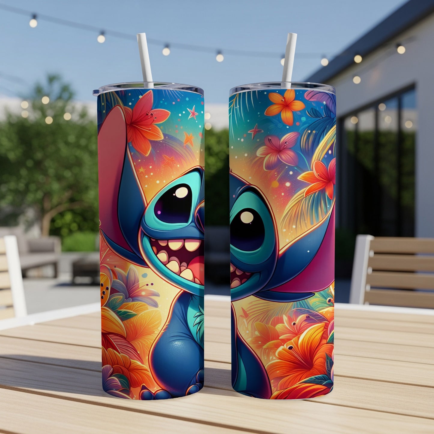 Two colorful tumblers featuring Stitch from Lilo & Stitch surrounded by tropical flowers.