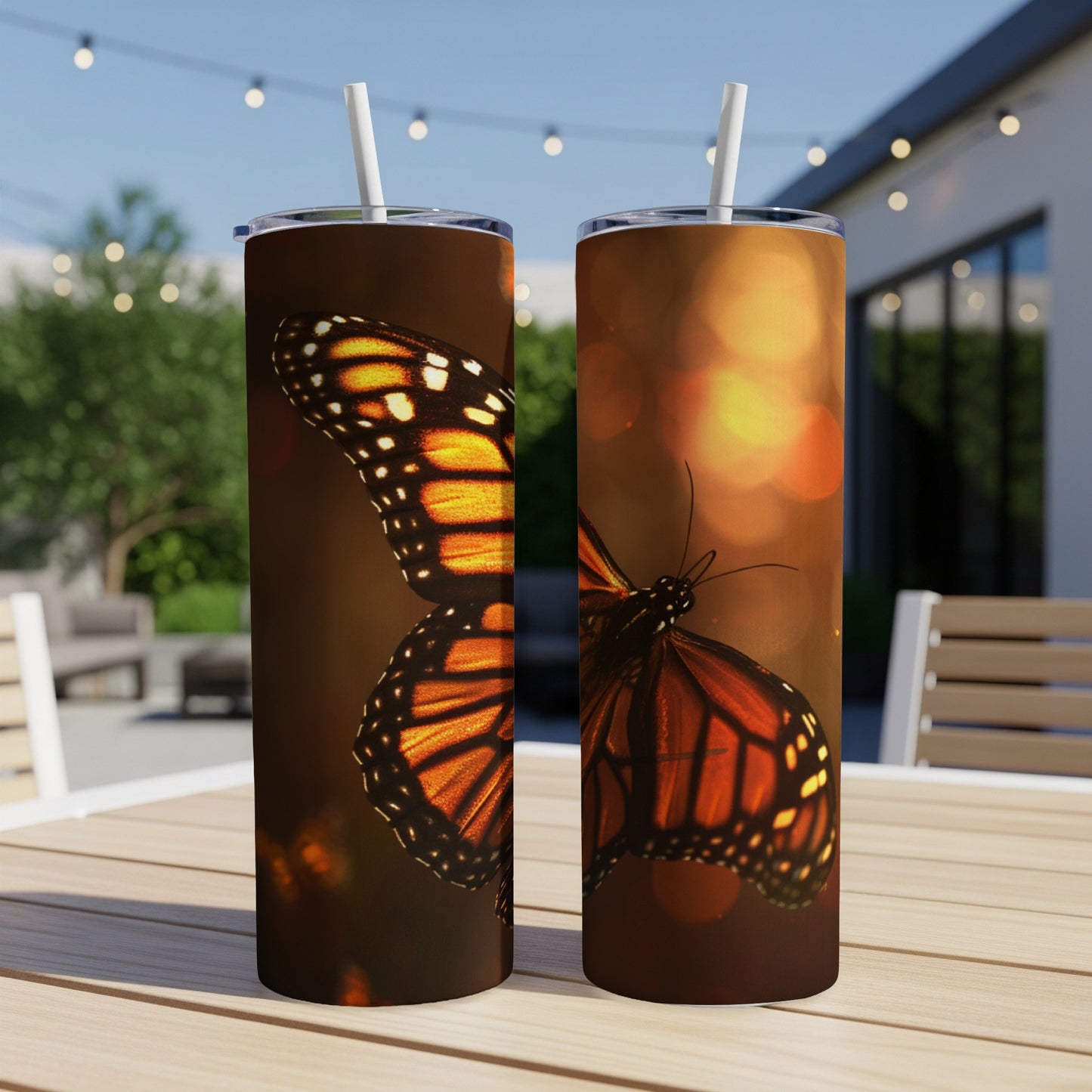 Two tumblers featuring a monarch butterfly design with bokeh lighting.