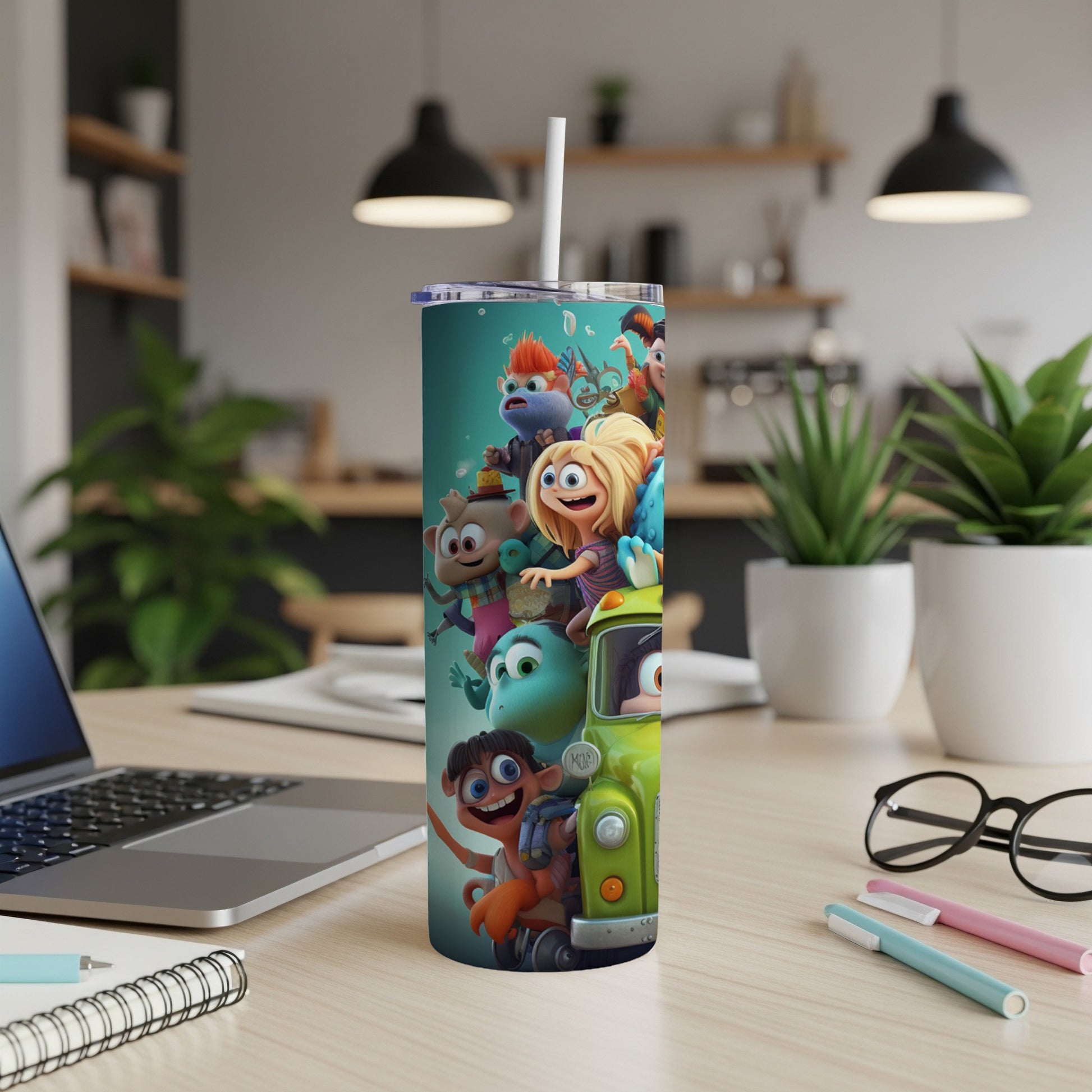 Tumbler with animated characters and a green van design.